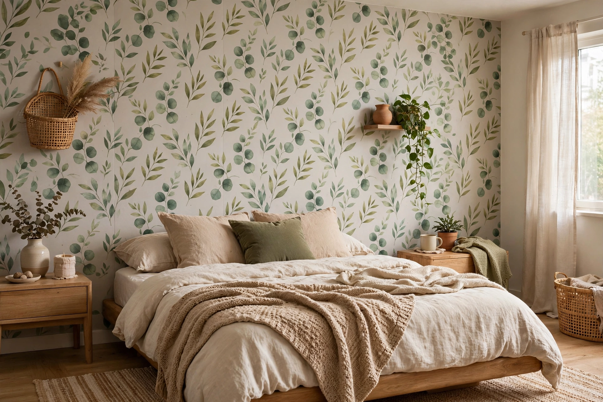 Peel and stick wallpaper accent wall behind a cozy apartment bed