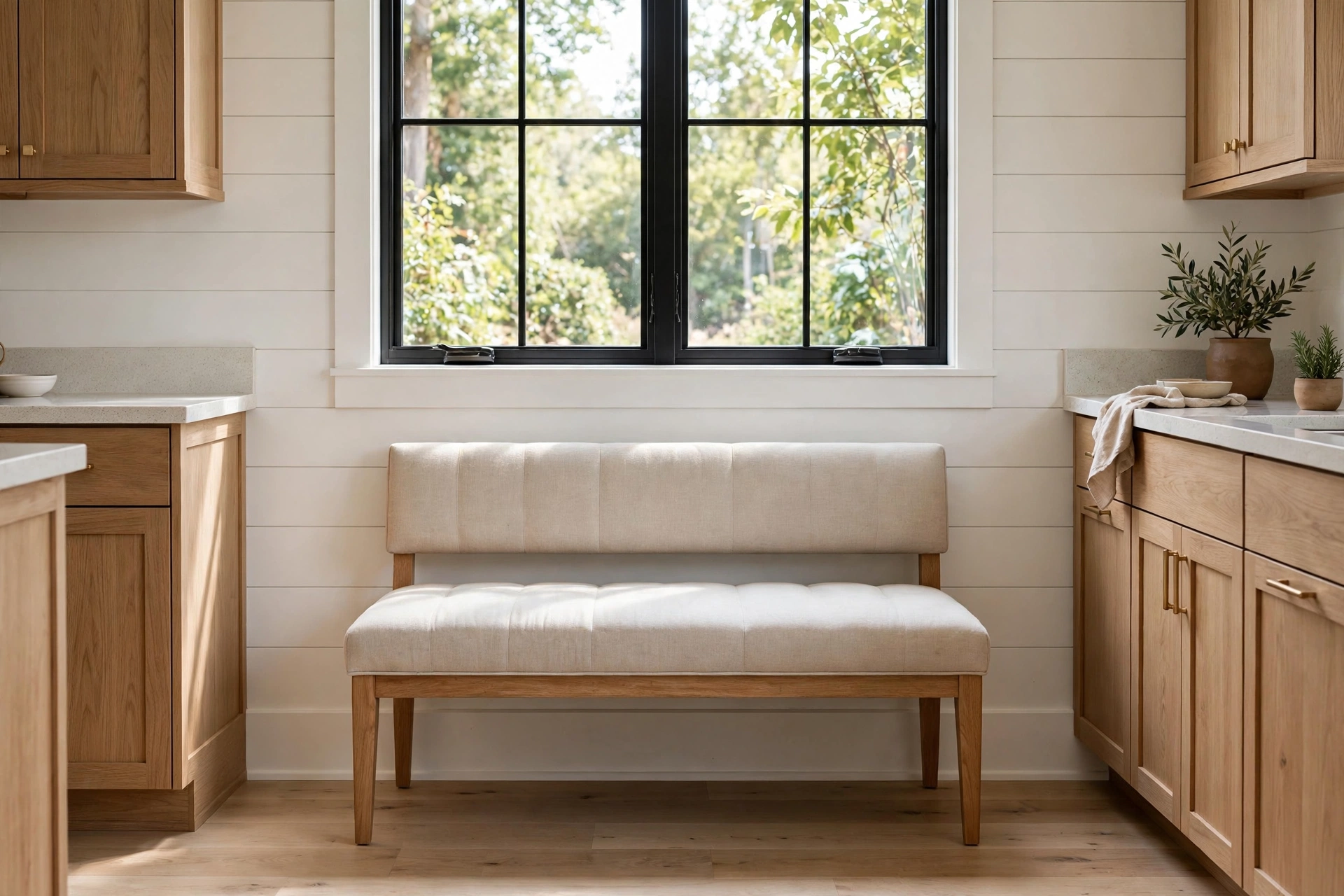 Freestanding upholstered bench against kitchen wall under window