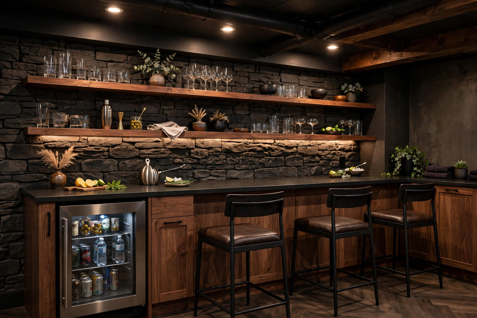 Stylish basement wet bar with open shelving, mini fridge, and bar stools