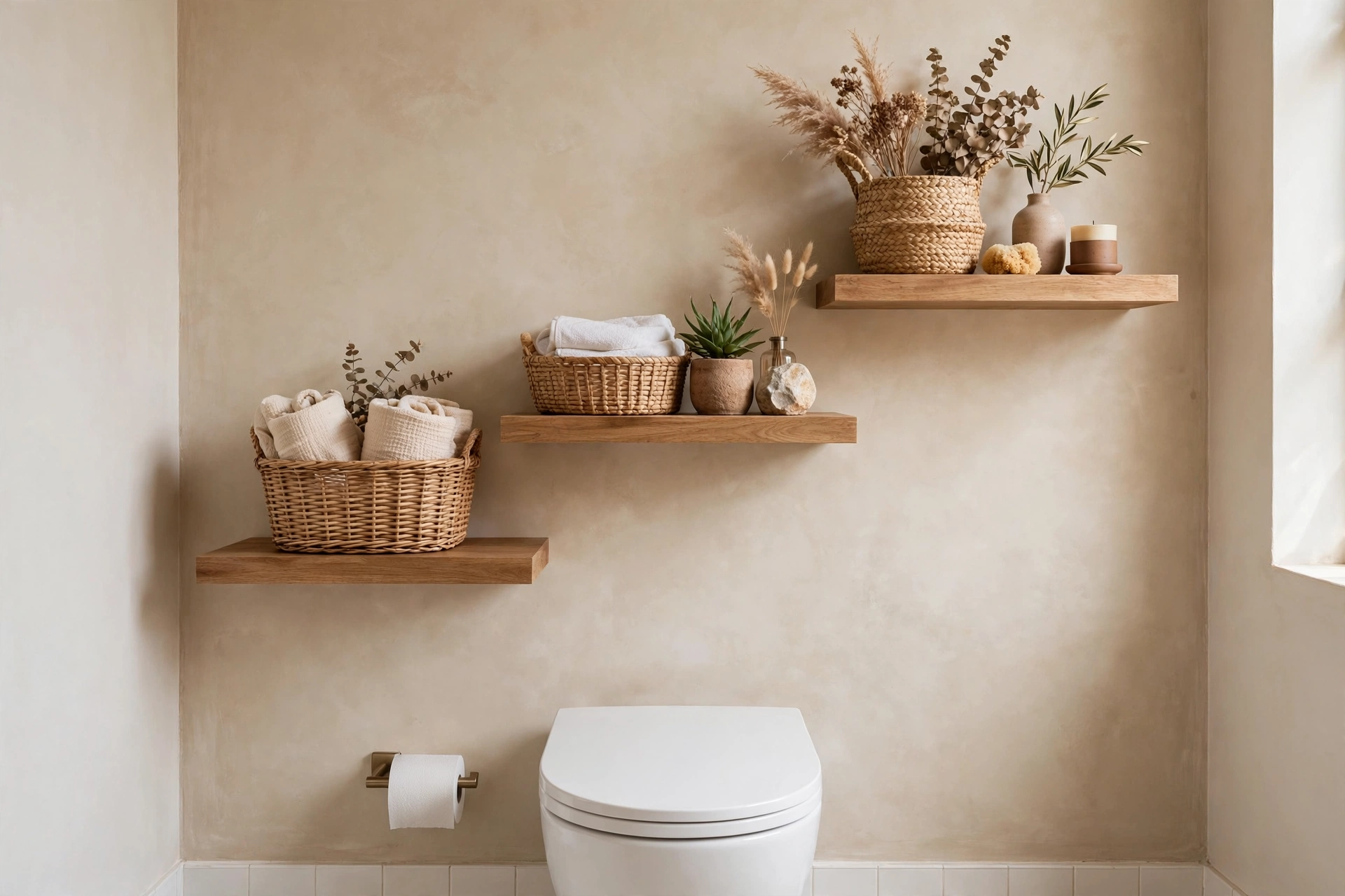 Three staggered floating shelves over toilet with baskets and bathroom decor