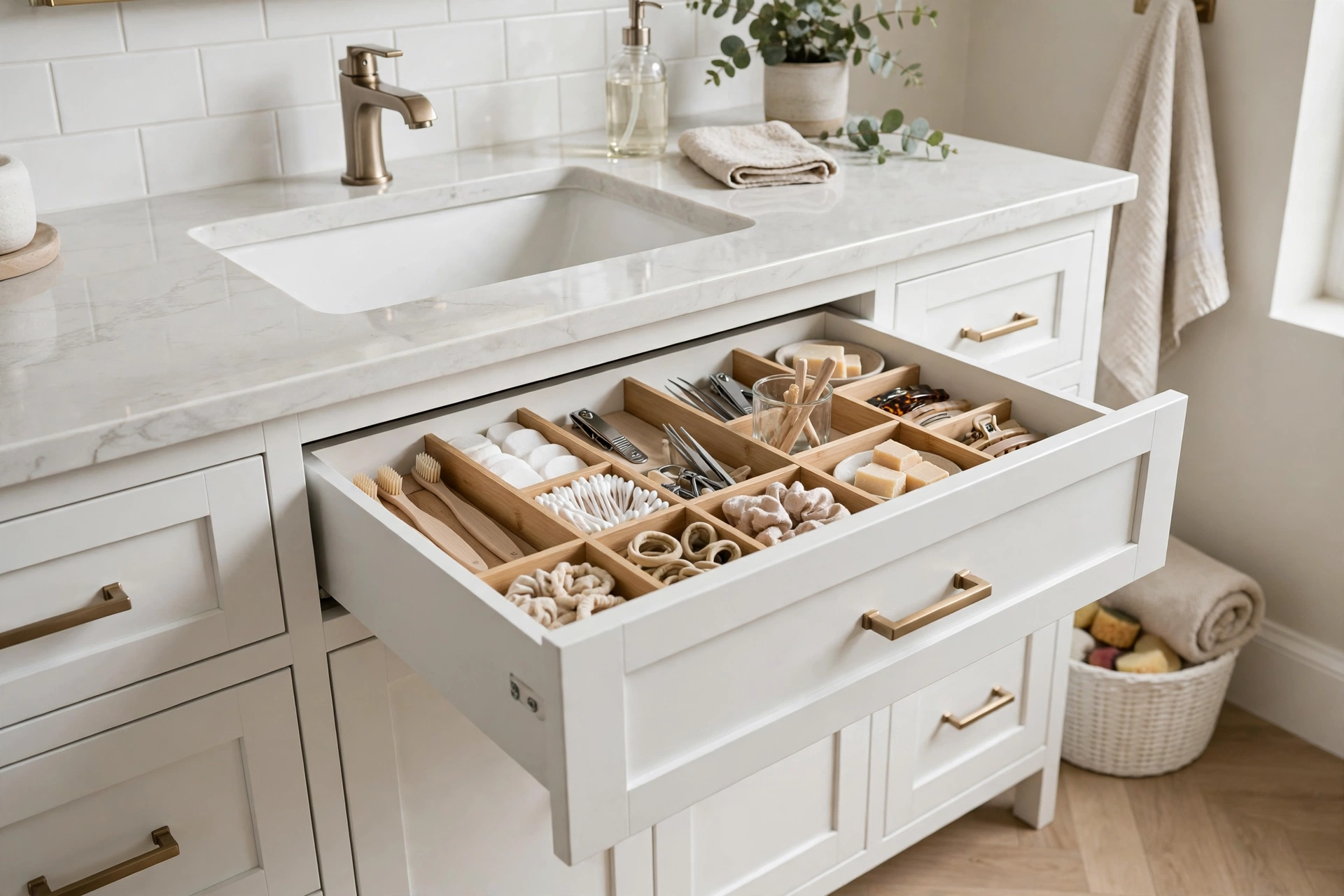 White bathroom vanity with deep drawers and organized dividers for toiletries