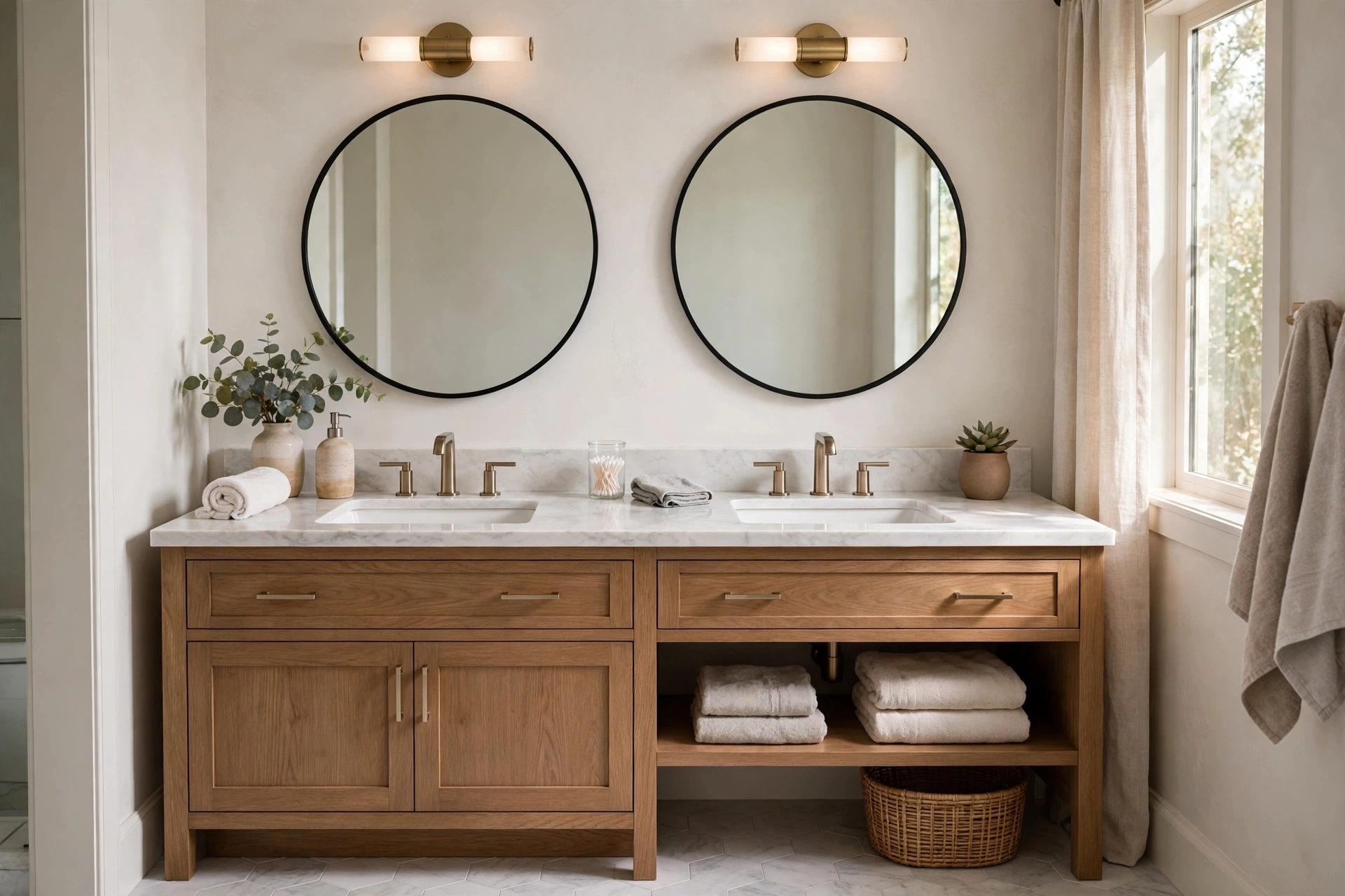 Double bathroom vanity with two sinks and matching mirrors