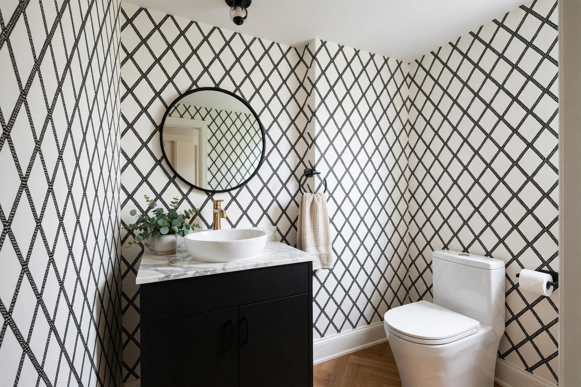 Black and white geometric trellis wallpaper in modern powder room