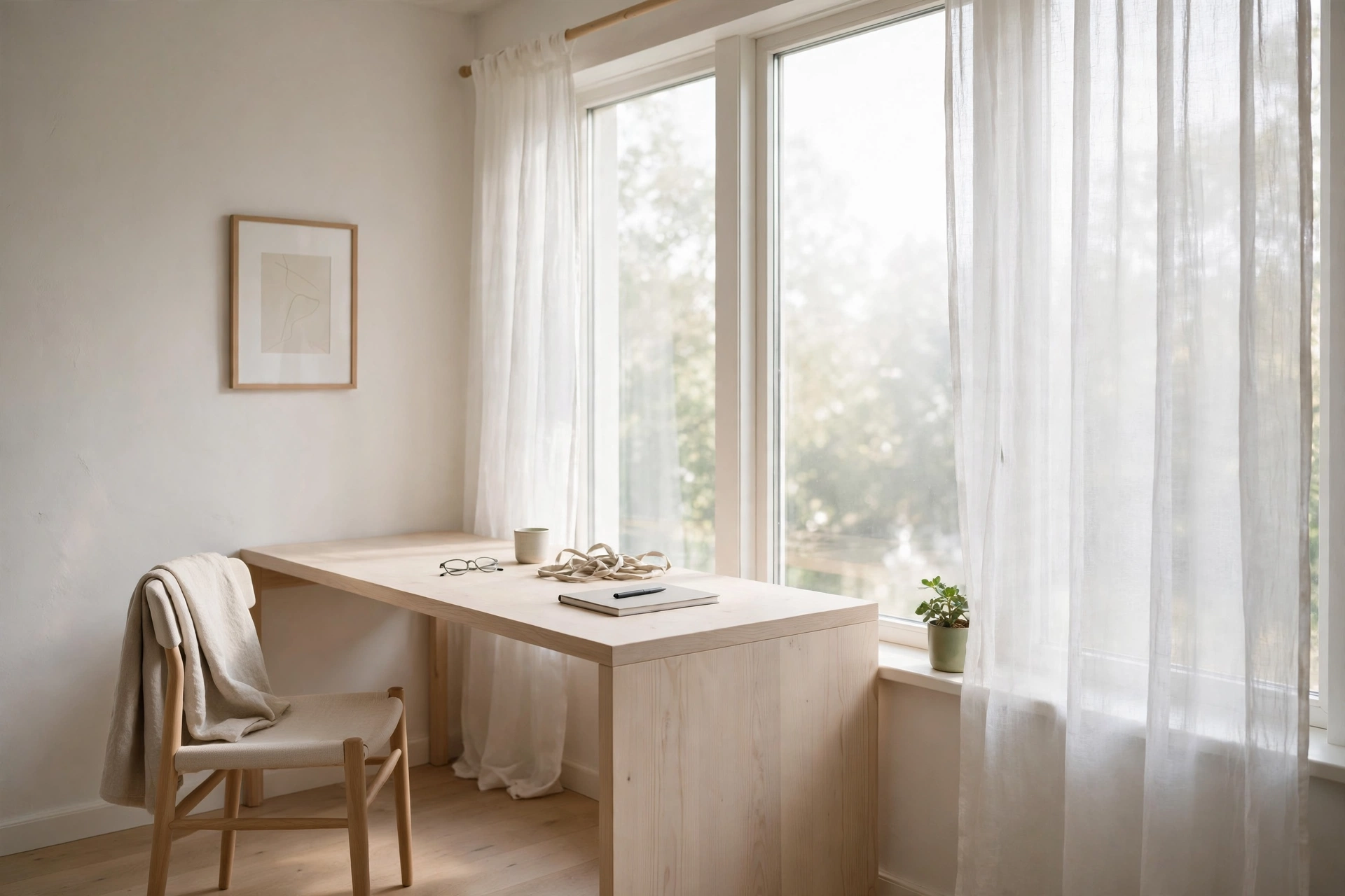 Pale wood desk placed perpendicular to a bright window with sheer linen curtains