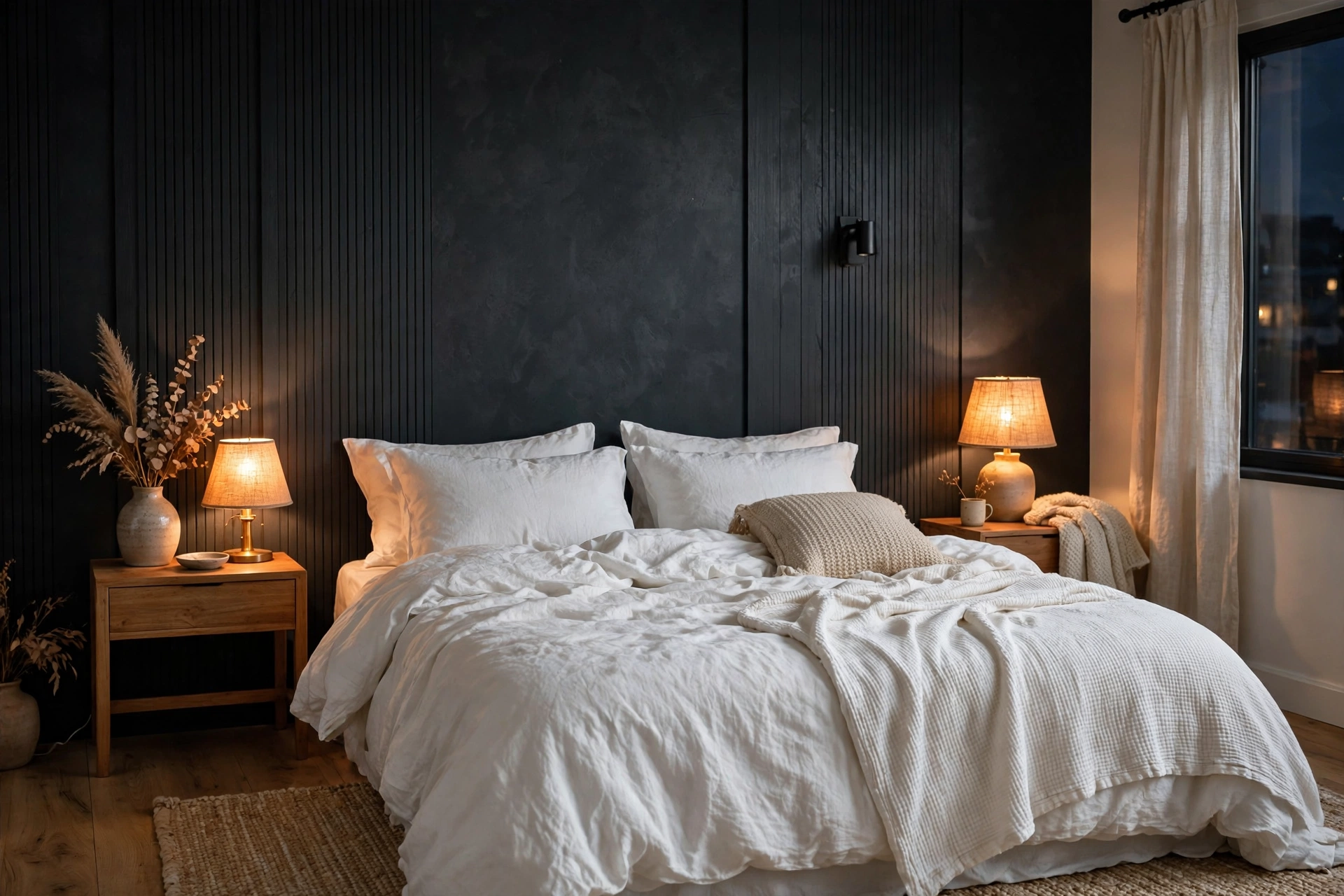 Moody charcoal accent wall in a bedroom with white bedding and warm lighting
