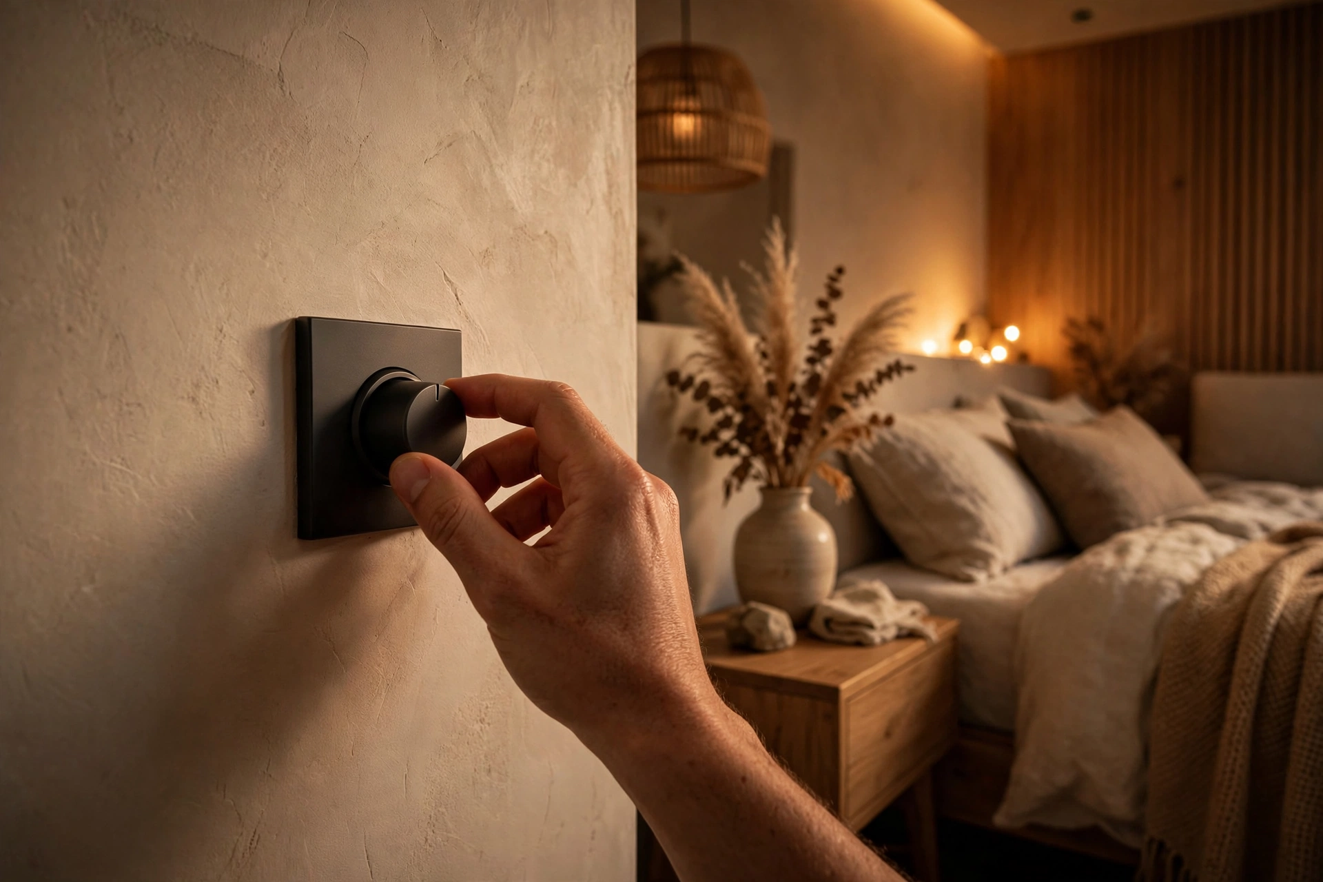 Hand adjusting a dimmer switch controlling warm bedroom lighting levels