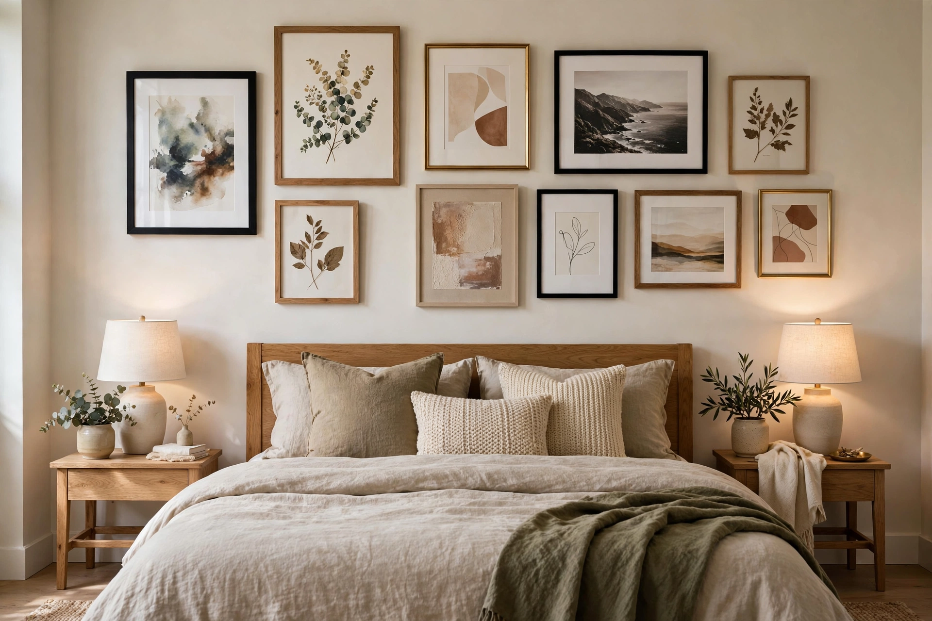 Curated gallery wall of mixed frames and art above a bedroom bed