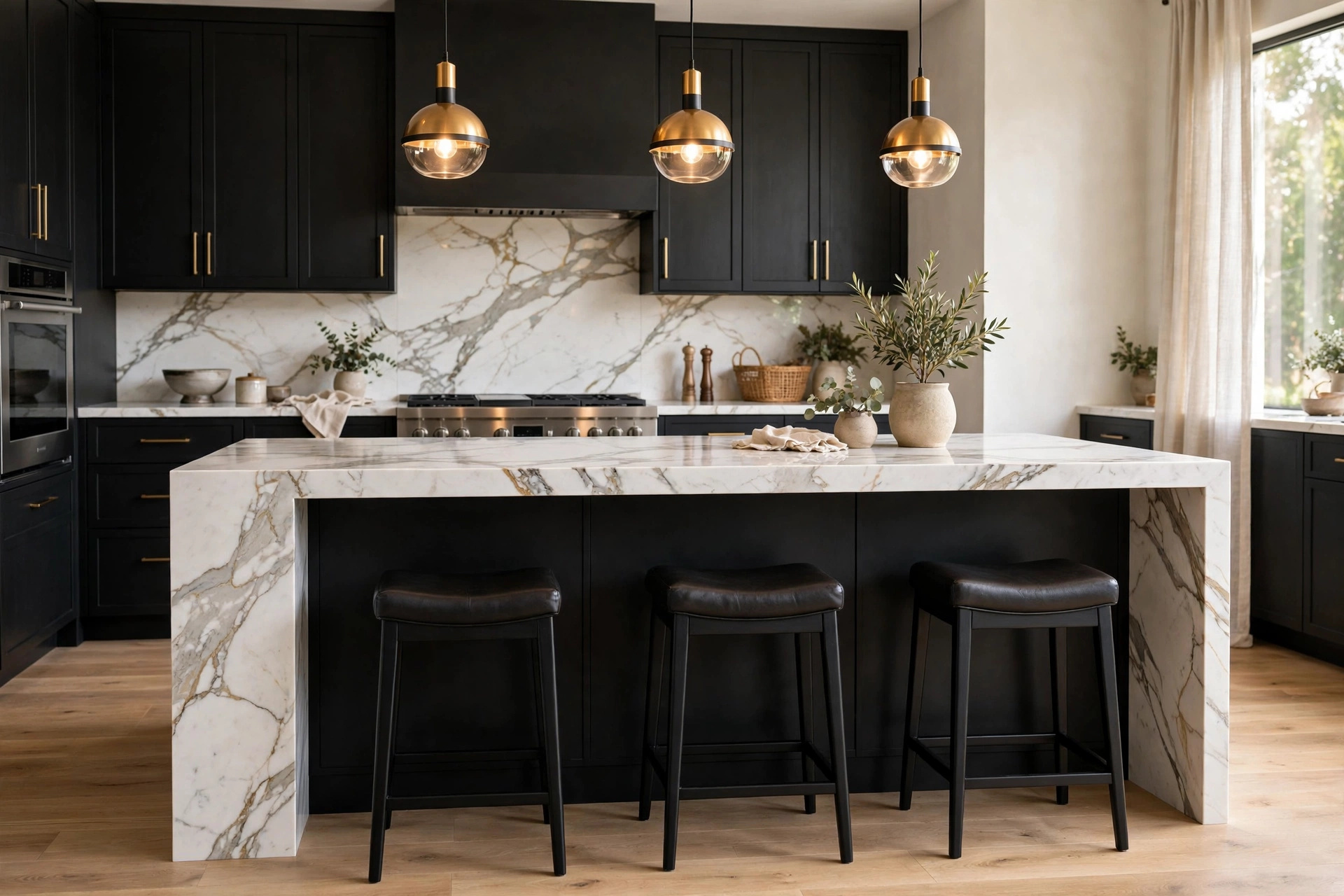 Black kitchen island topped with white marble waterfall countertop