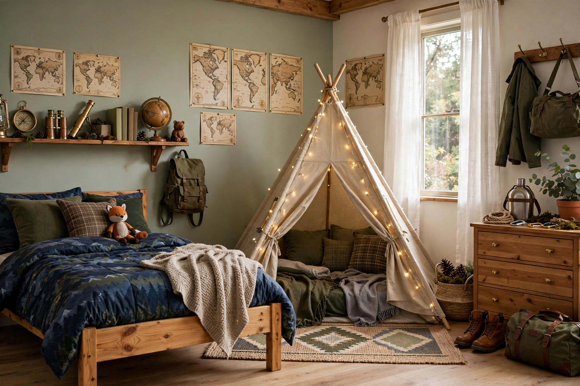 Adventure themed boys bedroom with maps tent and explorer decor