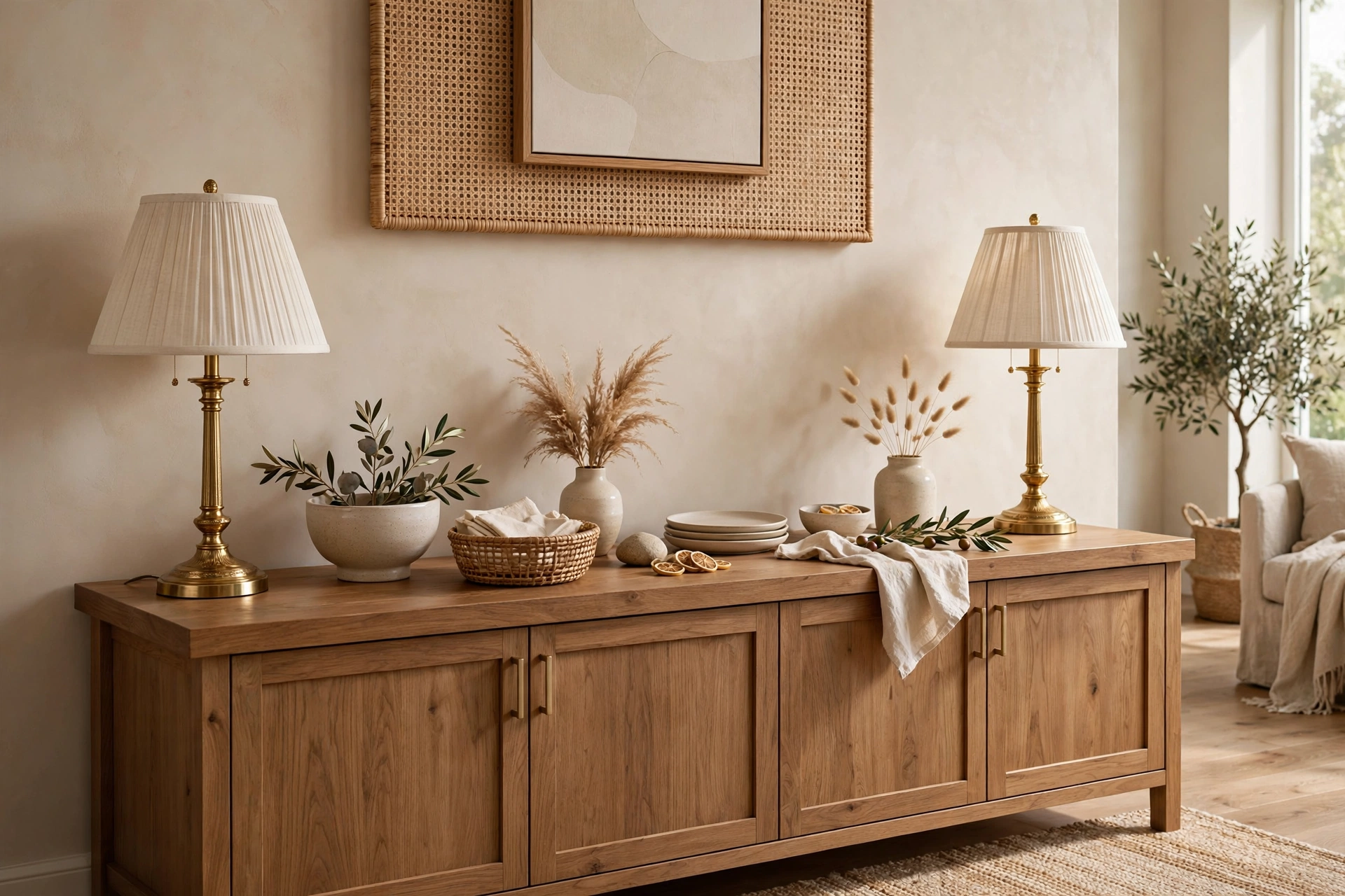 Pair of matching table lamps on each end of buffet