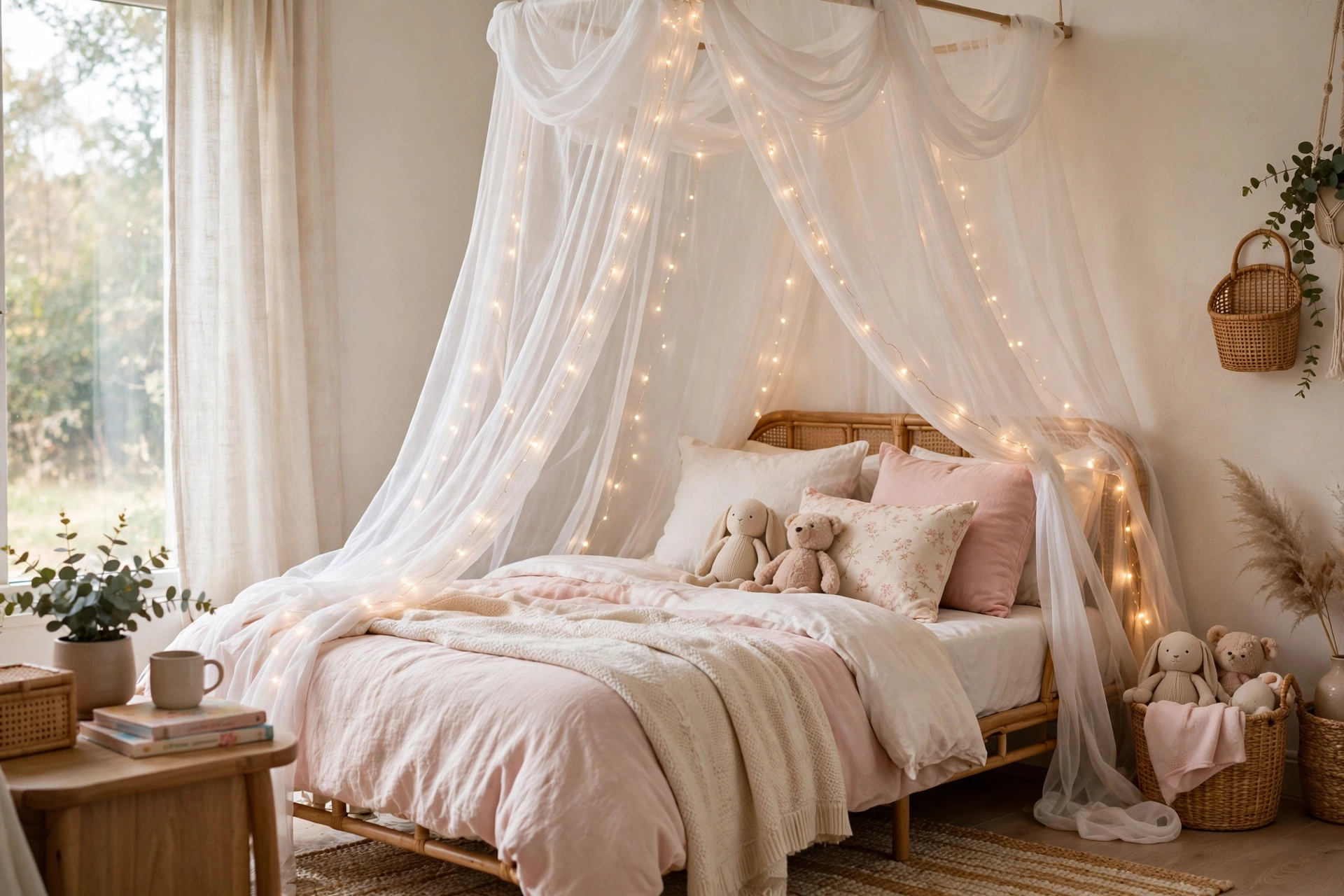 Sheer white canopy with fairy lights over girls bed