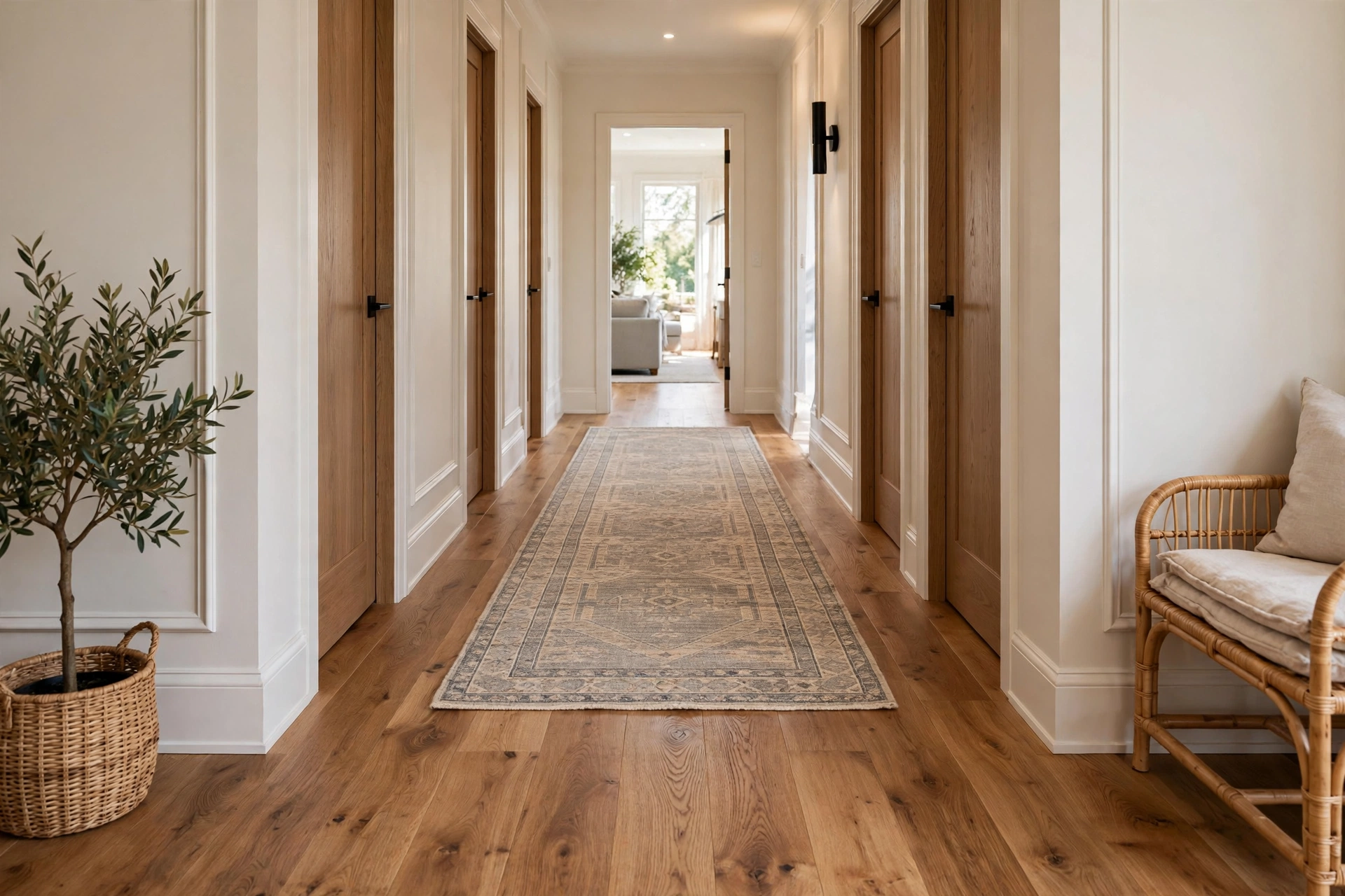 Runner rug covering half the hallway length with bare floor visible at both ends