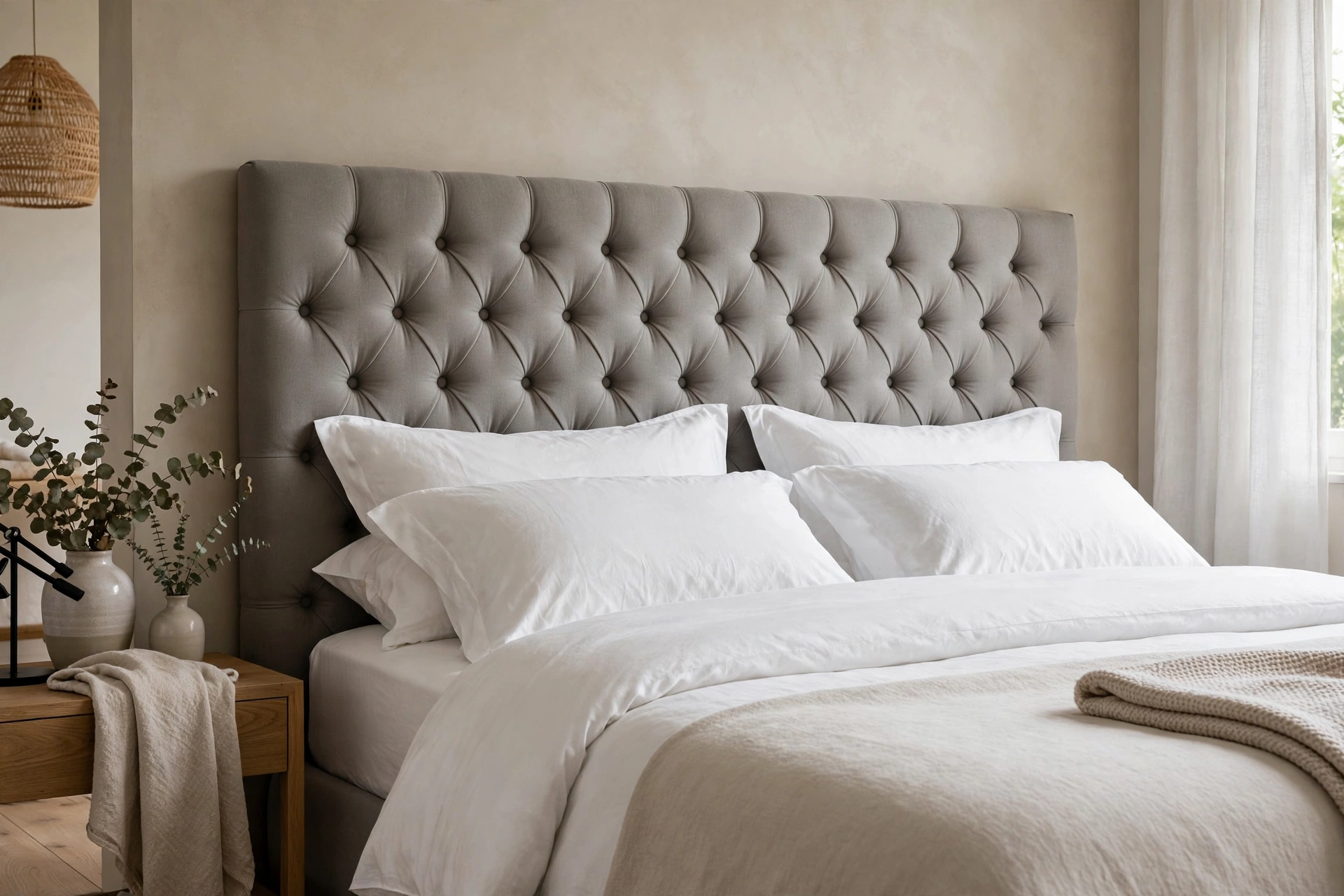 Tufted button headboard with diamond pattern behind crisp white bedding