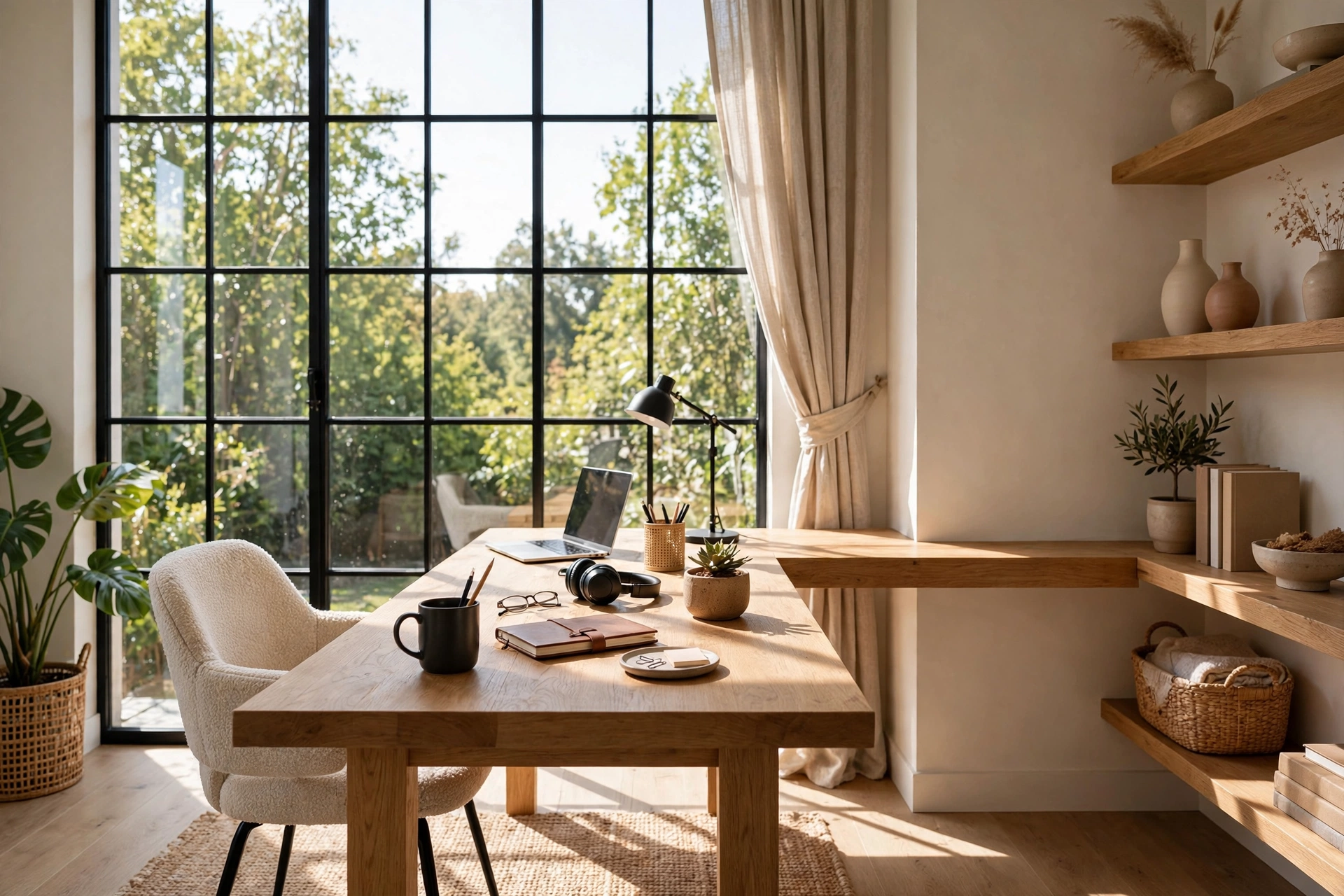 Home office desk positioned perpendicular to large bright window