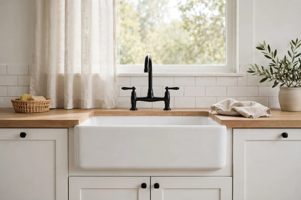 White fireclay apron-front farmhouse sink with black bridge faucet in a farmhouse kitchen