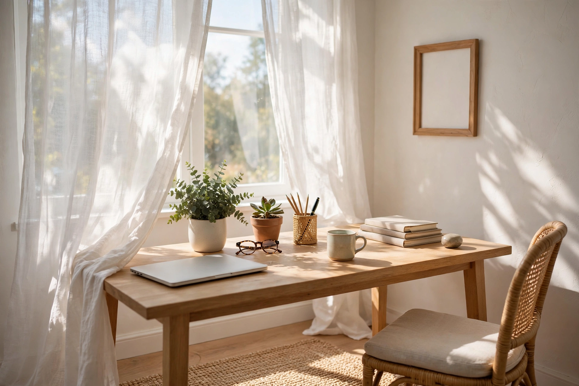 Sunlit home office desk with sheer curtains and light colored walls