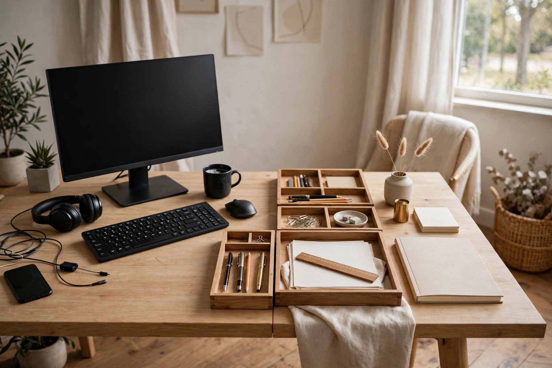 Desk divided into computer zone and writing zone with trays