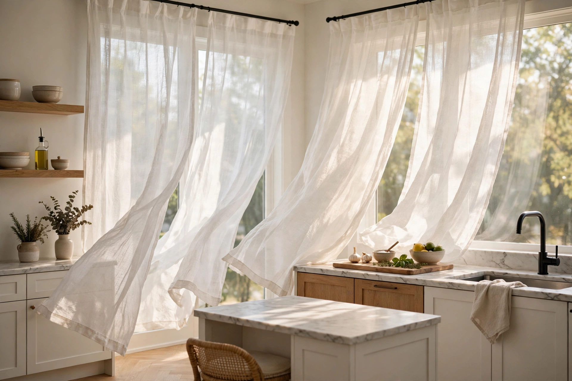 Breezy white linen sheer curtains filtering sunlight in a bright kitchen