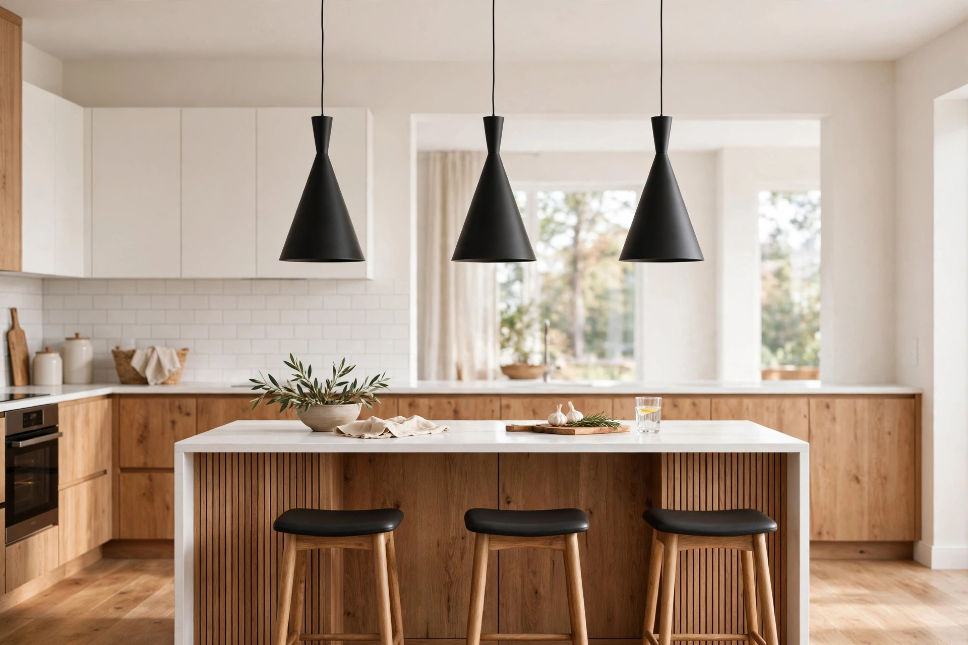 Matte black cone pendant lights over a white and wood kitchen island