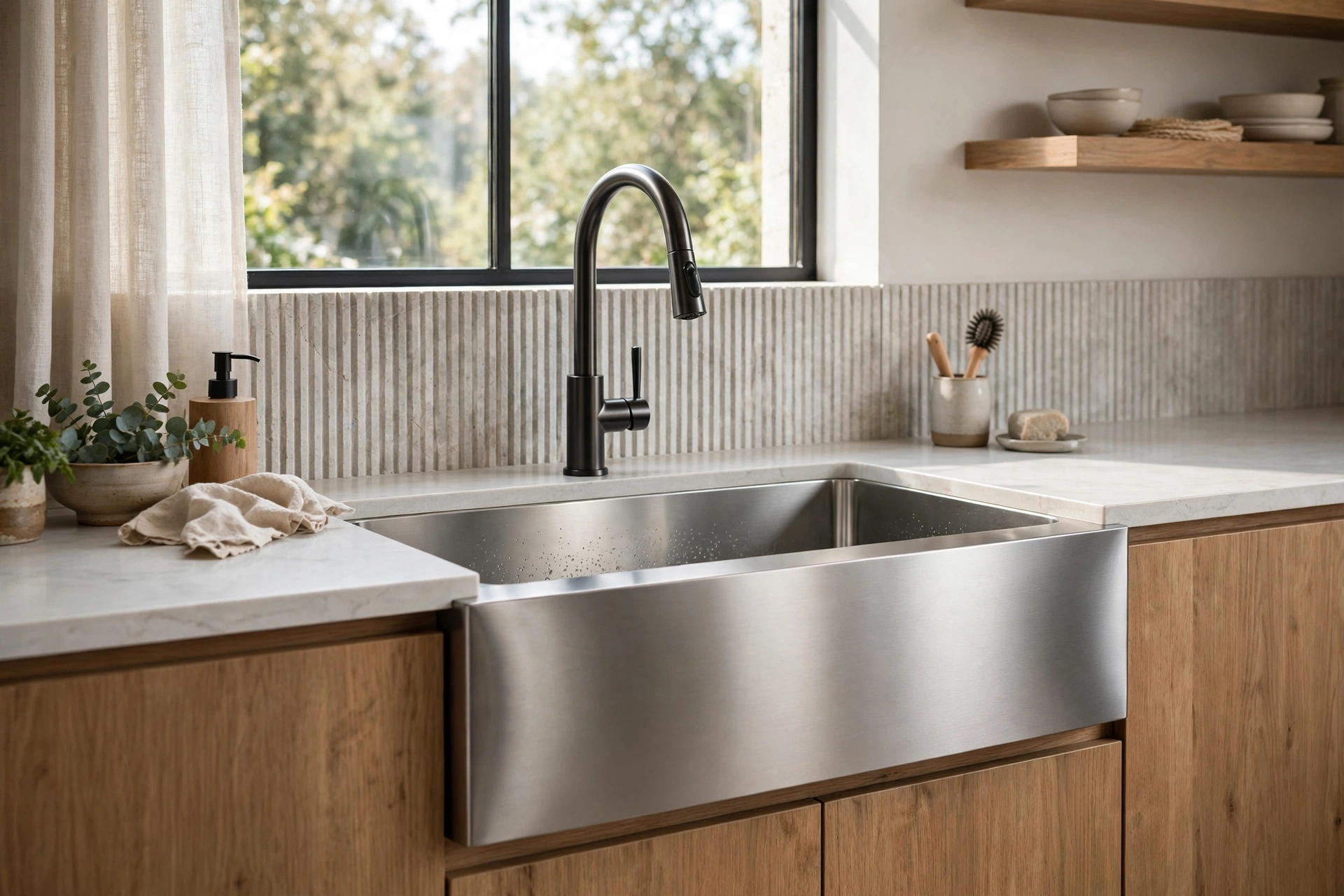 Modern stainless steel apron-front kitchen sink in a contemporary kitchen