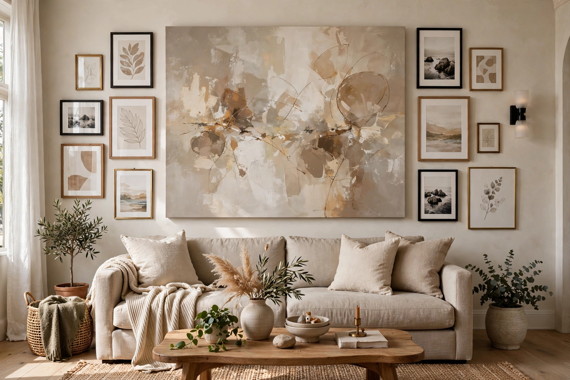 Oversized canvas anchoring gallery wall above living room sofa