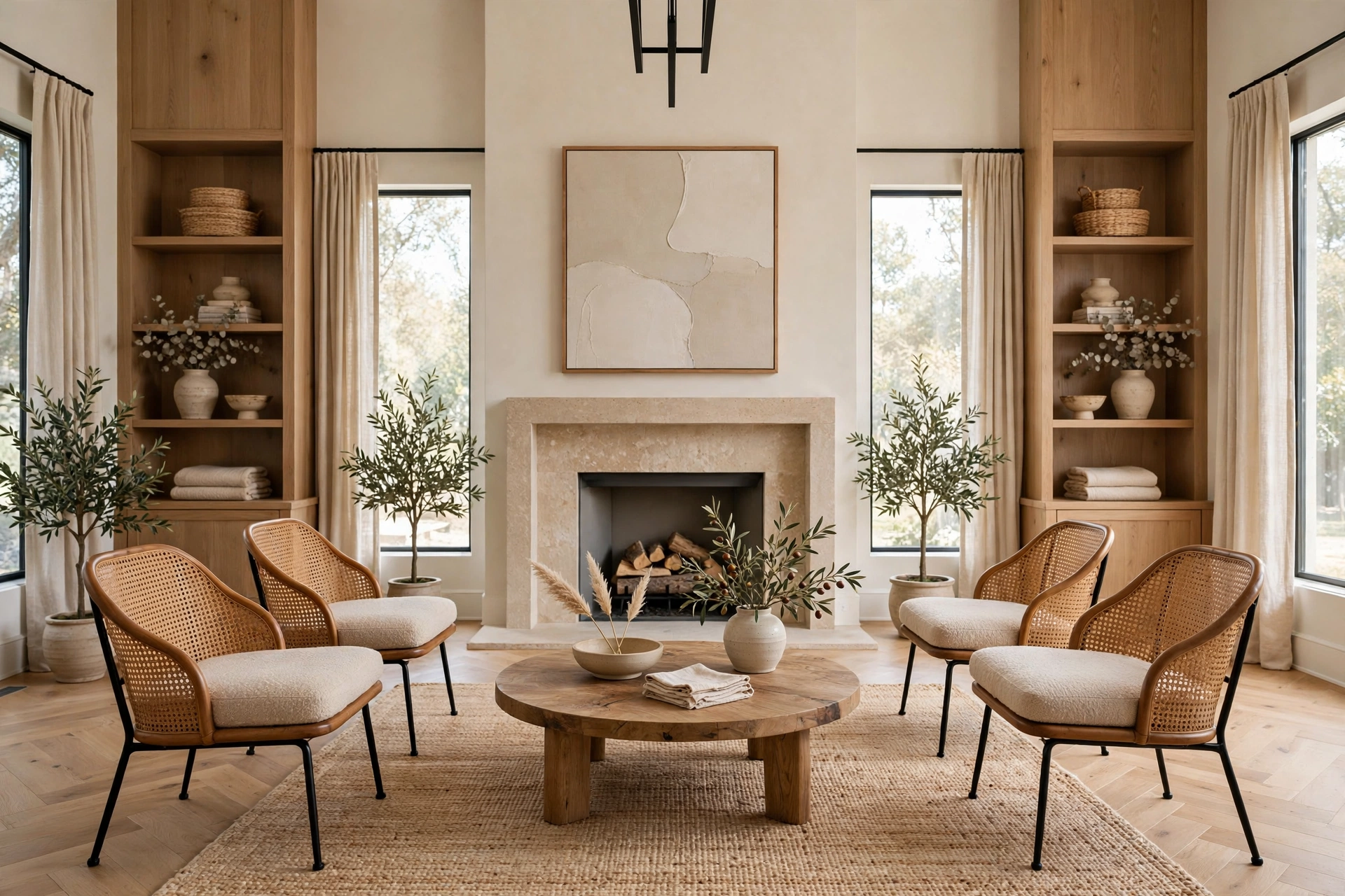 Symmetrical living room layout with matching chairs around coffee table