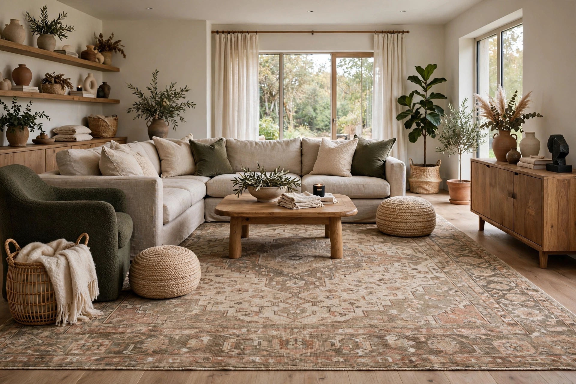 Large living room rug ideas with an oversized rug under furniture