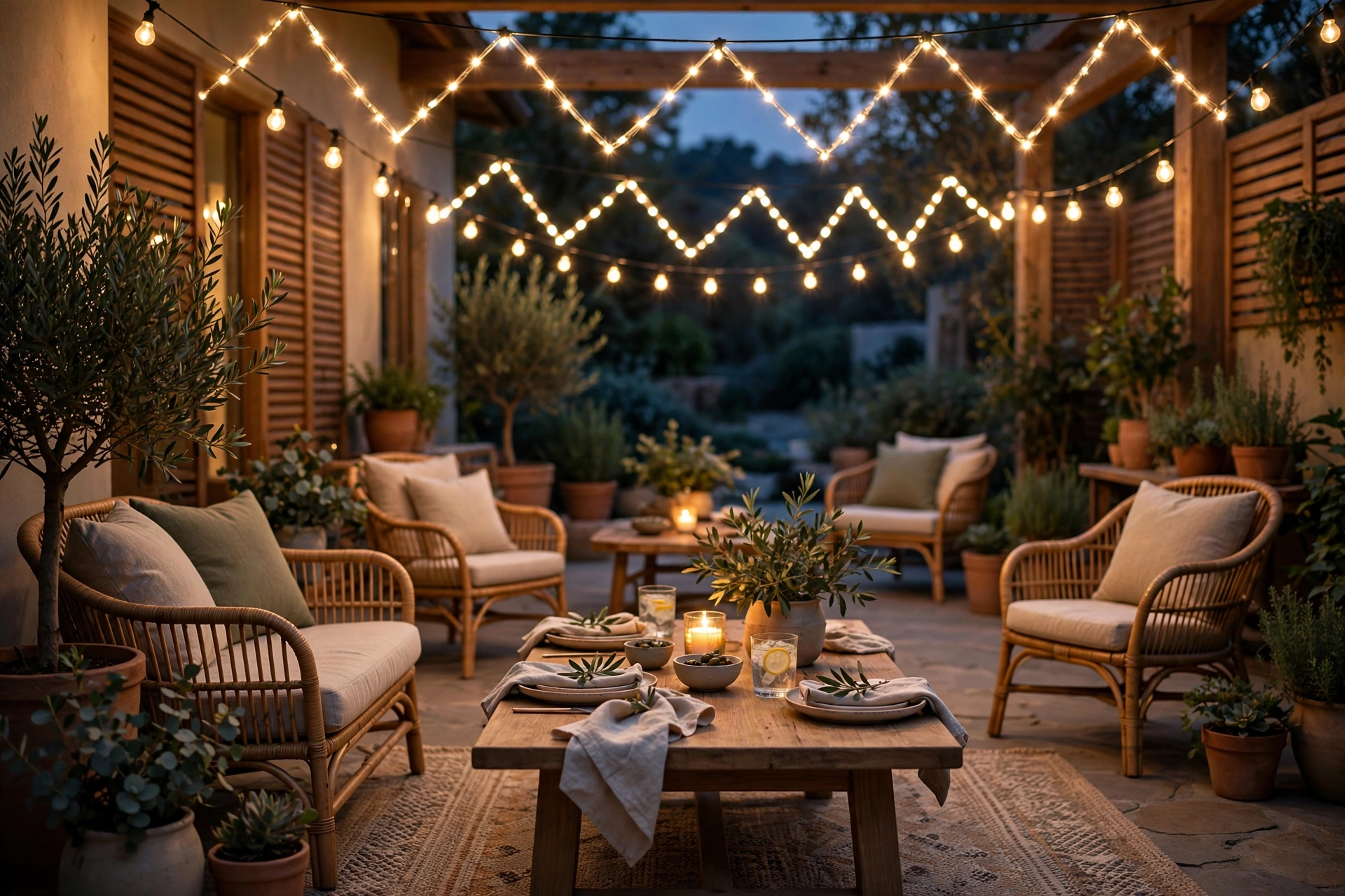 Warm string lights zigzagging over evening patio seating