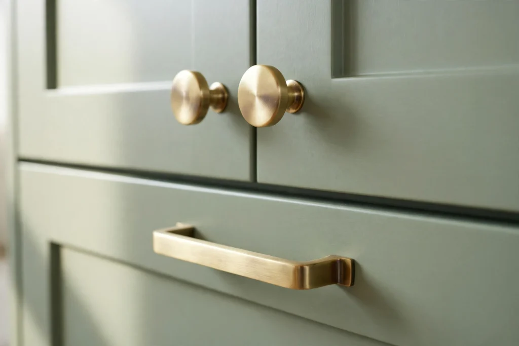 Close-up of brushed brass knobs and bin pulls on sage green kitchen cabinets