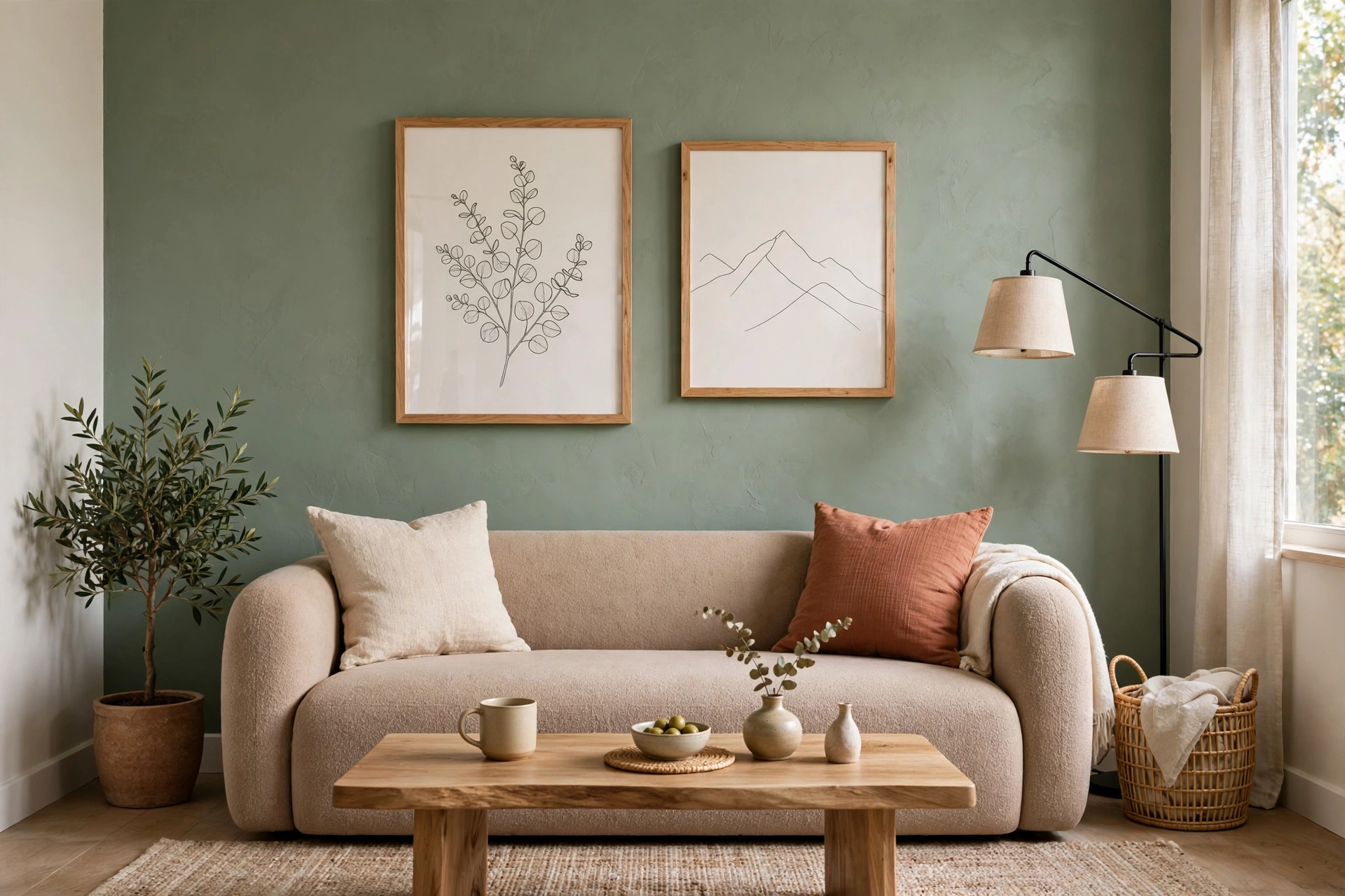Sage green accent wall behind sofa with natural wood framed artwork