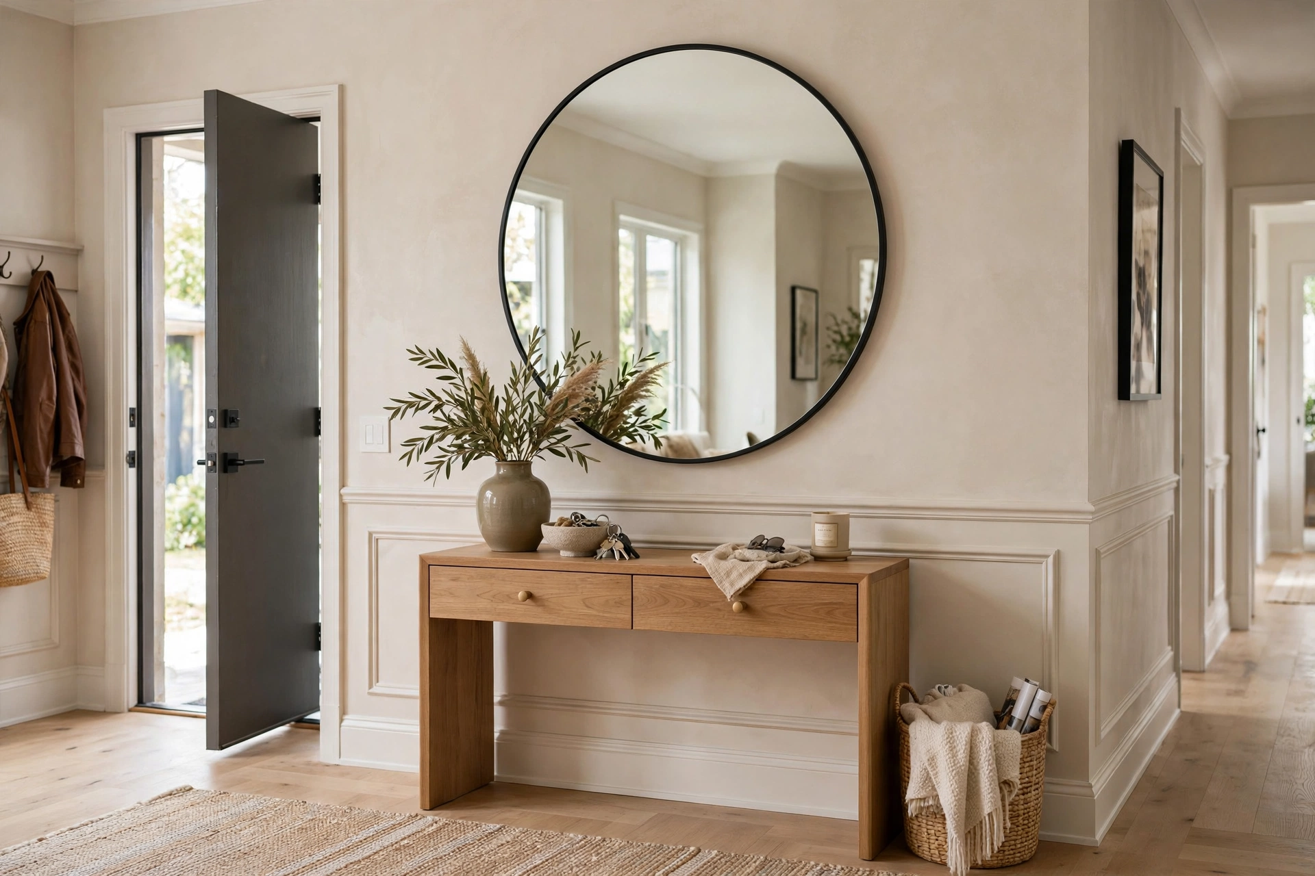 Large round mirror above console making entryway feel bigger