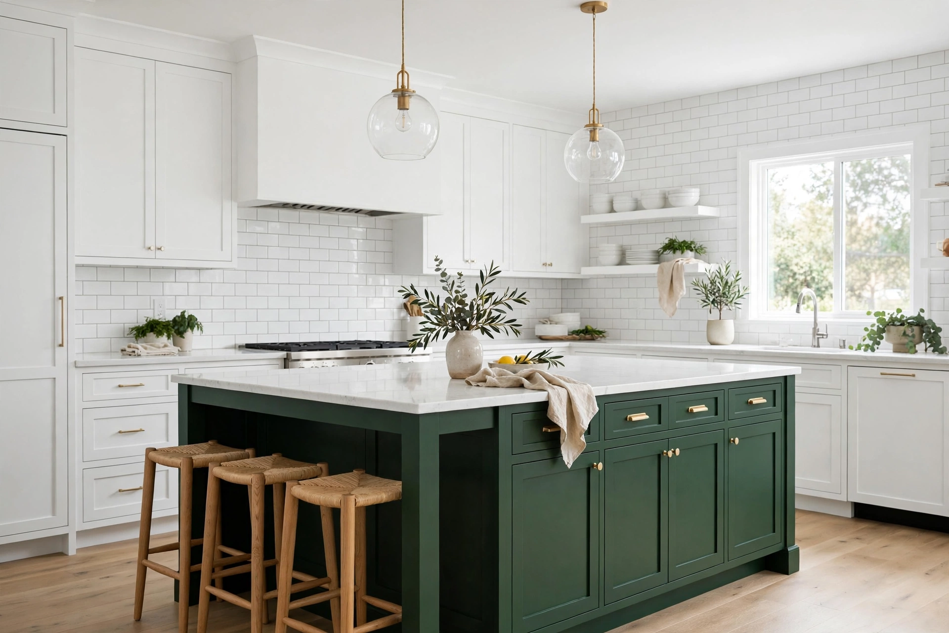 Deep green painted kitchen island standing out in an all-white kitchen