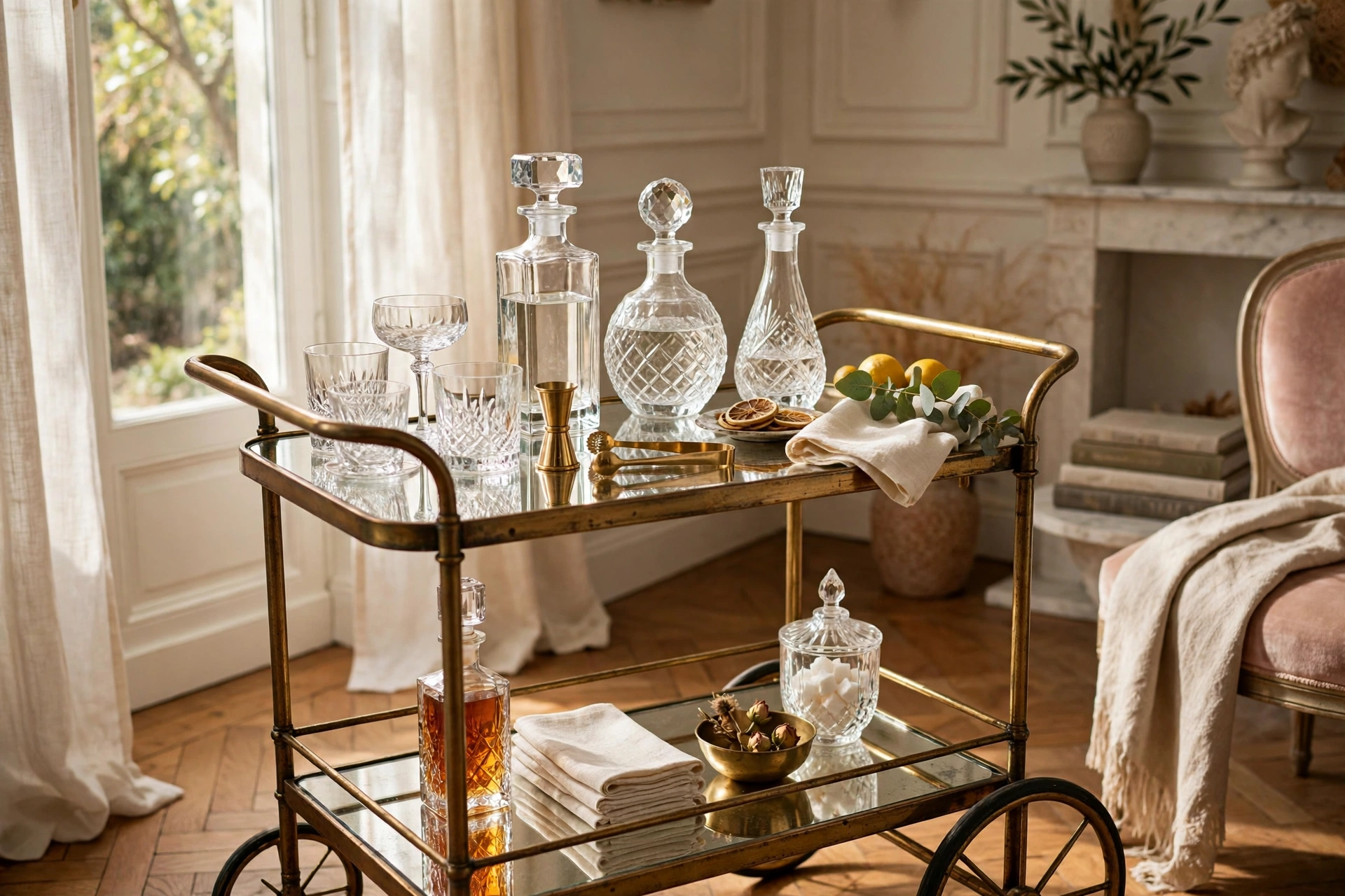 Vintage Glam Bar Cart With Crystal Decanters And Mirrored Tray