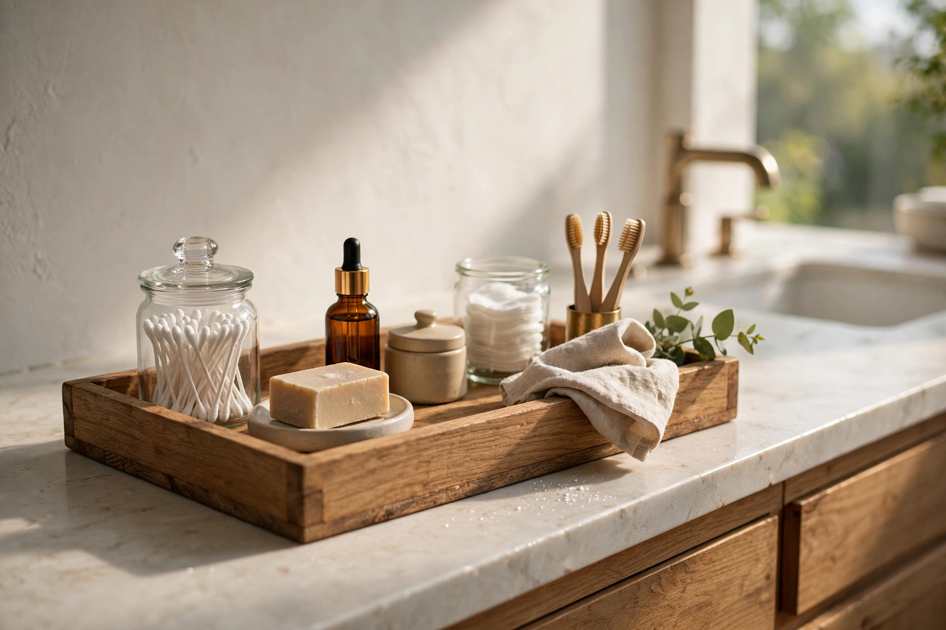 Wooden Tray Corralling Bathroom Counter Essentials
