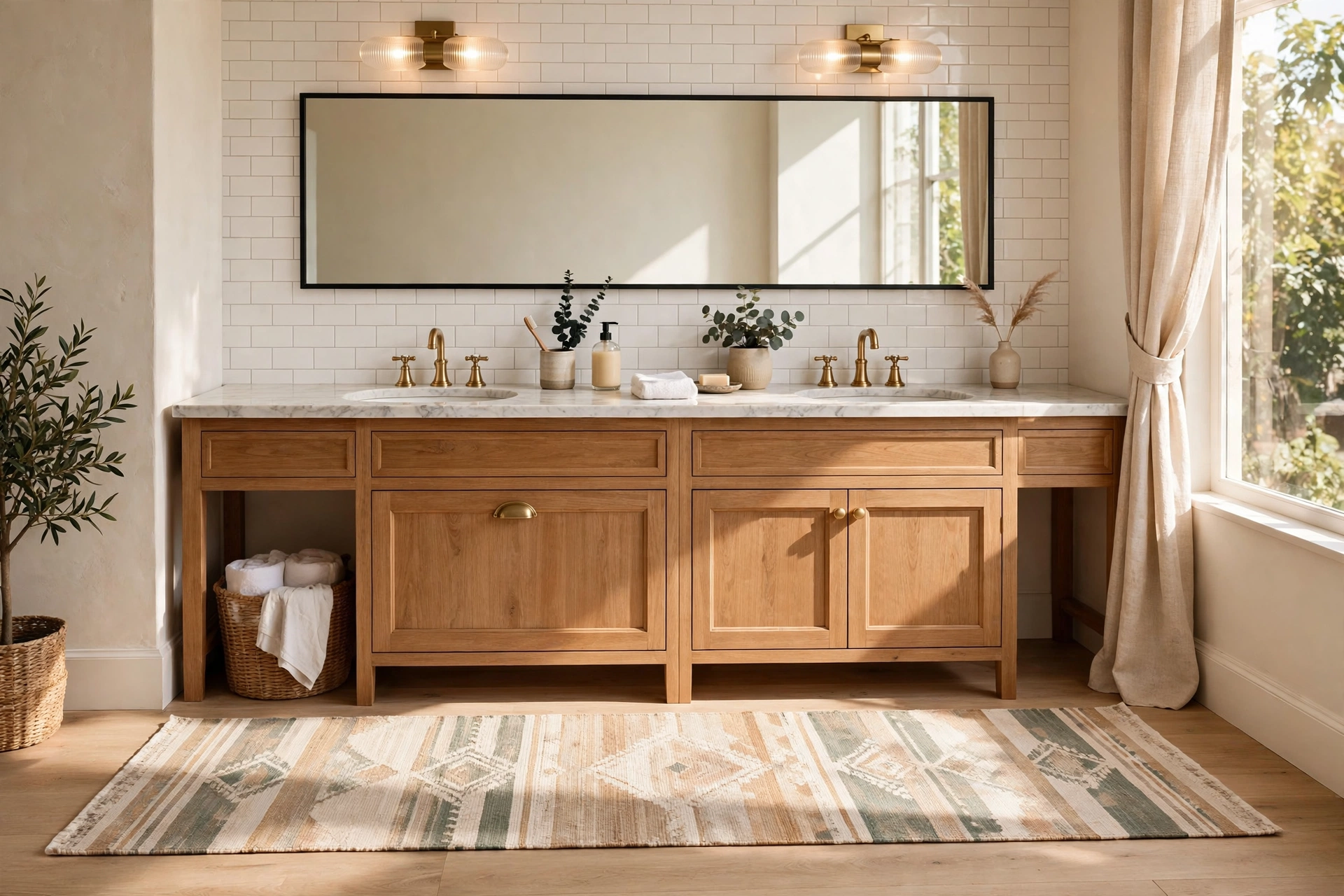 Long Washable Runner Rug Along A Double Vanity In A Bright Bathroom