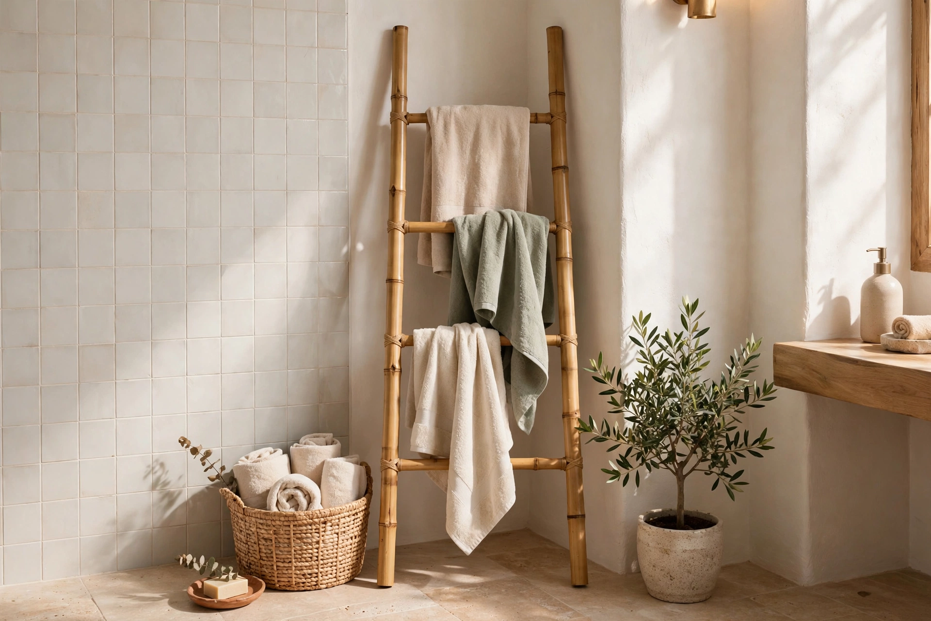 Bamboo Towel Ladder With Hanging Bath Towels In A Corner