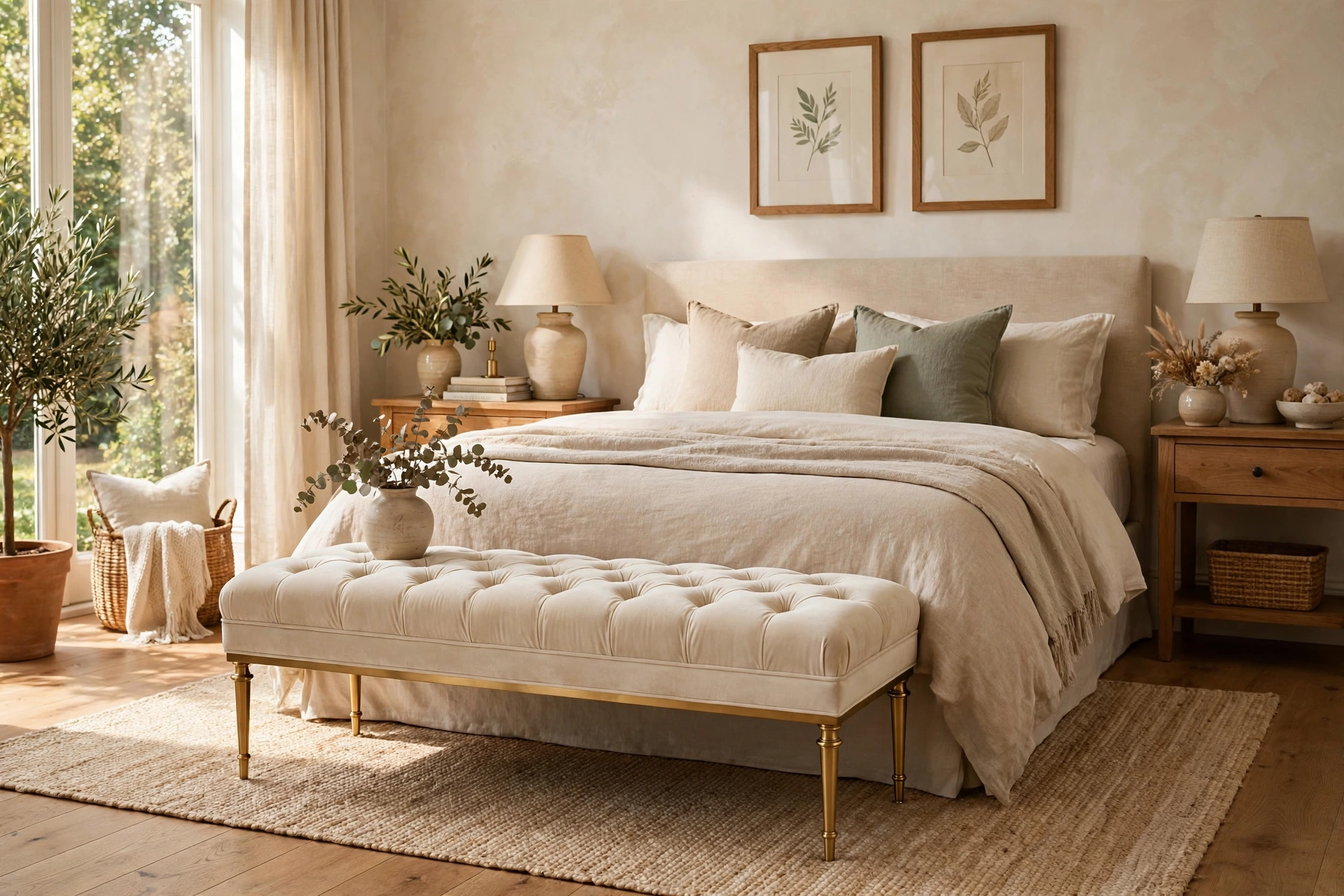 Tufted Cream Velvet Settee Bench with Elegant Legs in Dressed-Up Bedroom