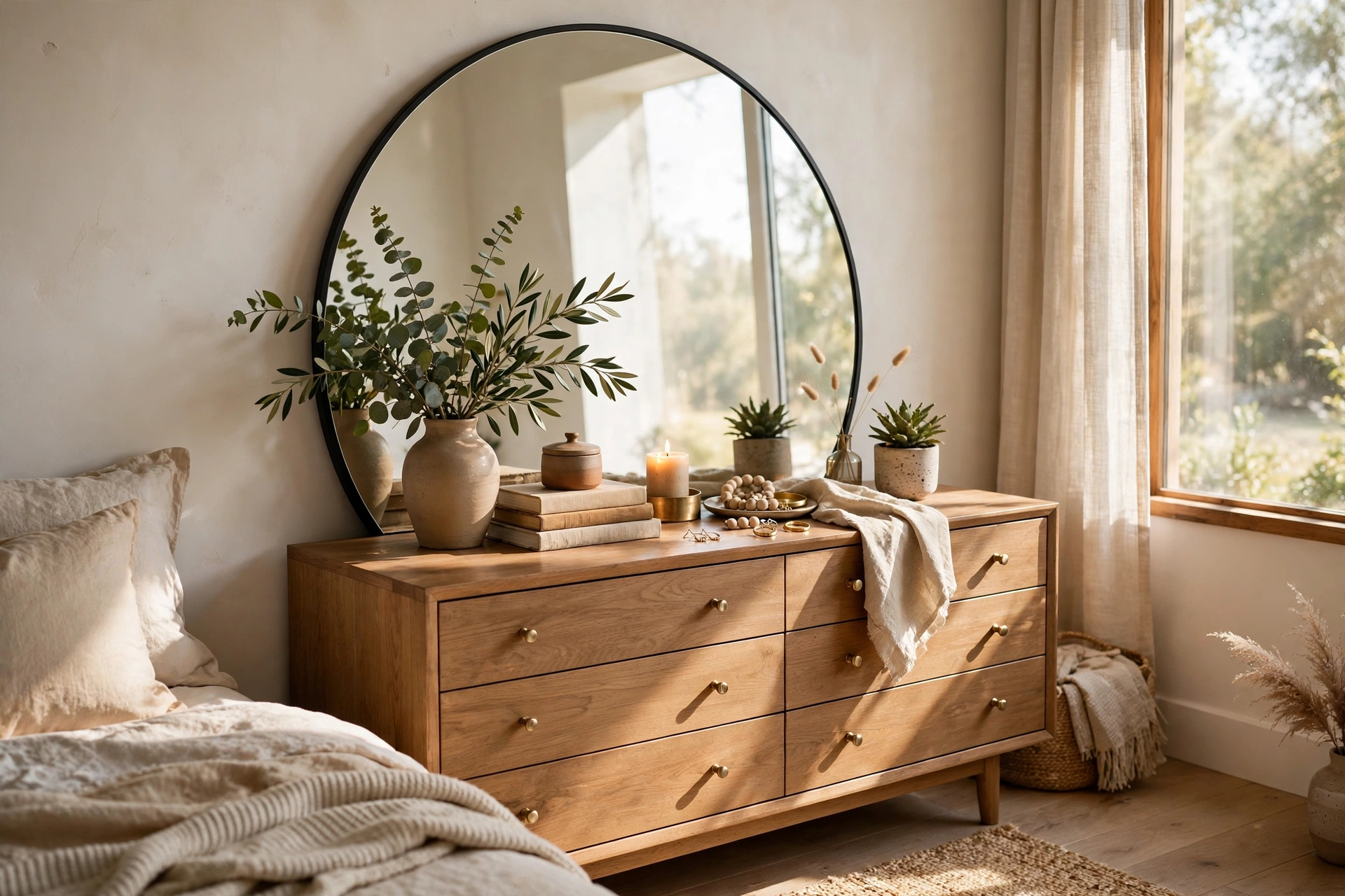 Round Mirror Layered Behind Dresser Decor in a Bedroom