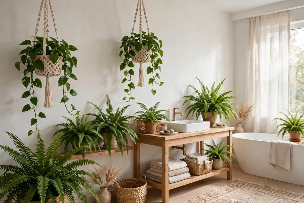 Hanging pothos in macramé planters and ferns filling a bright boho bathroom