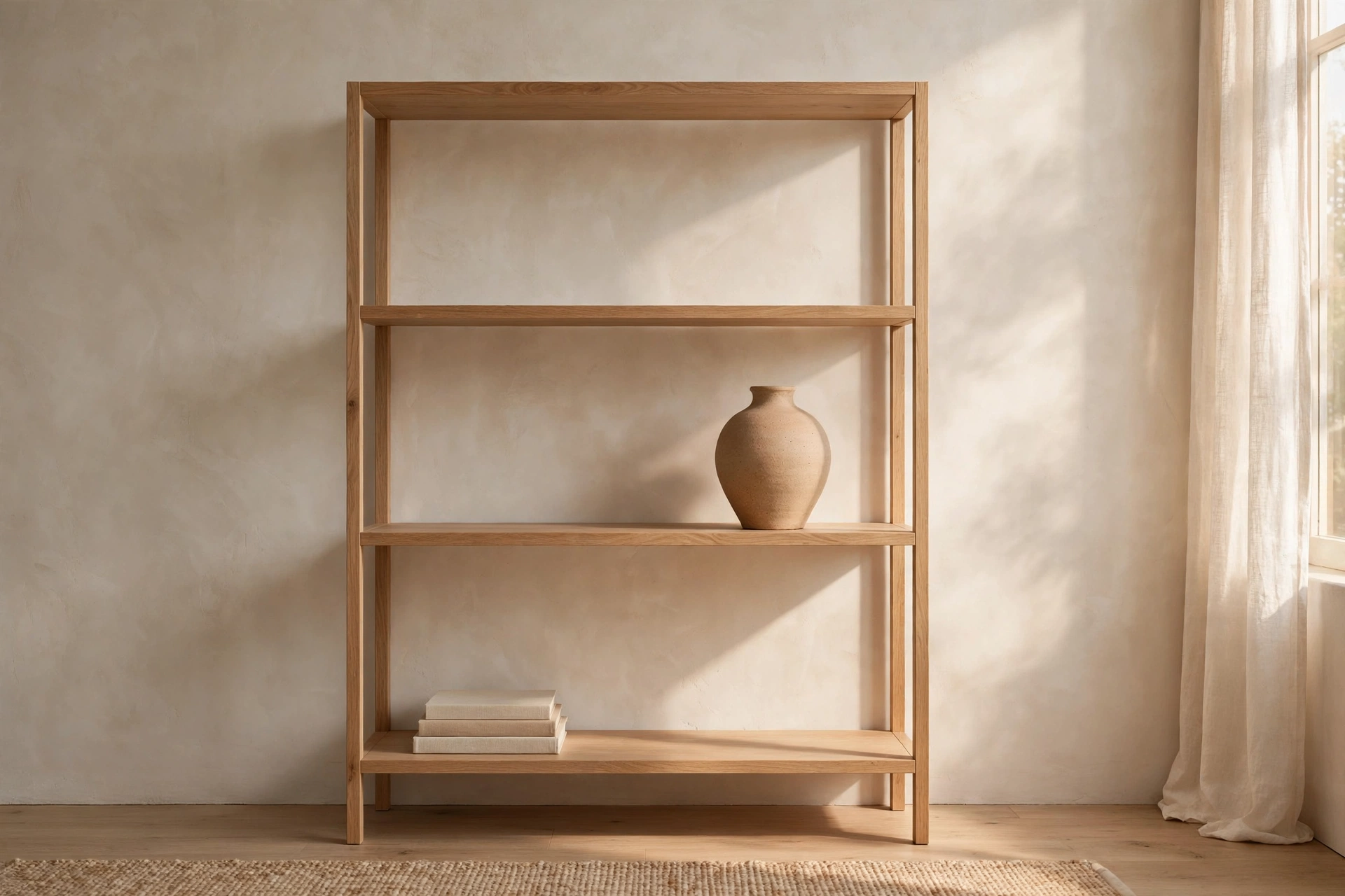 Minimal Styled Bookshelf With Breathing Room And Single Ceramic Vase