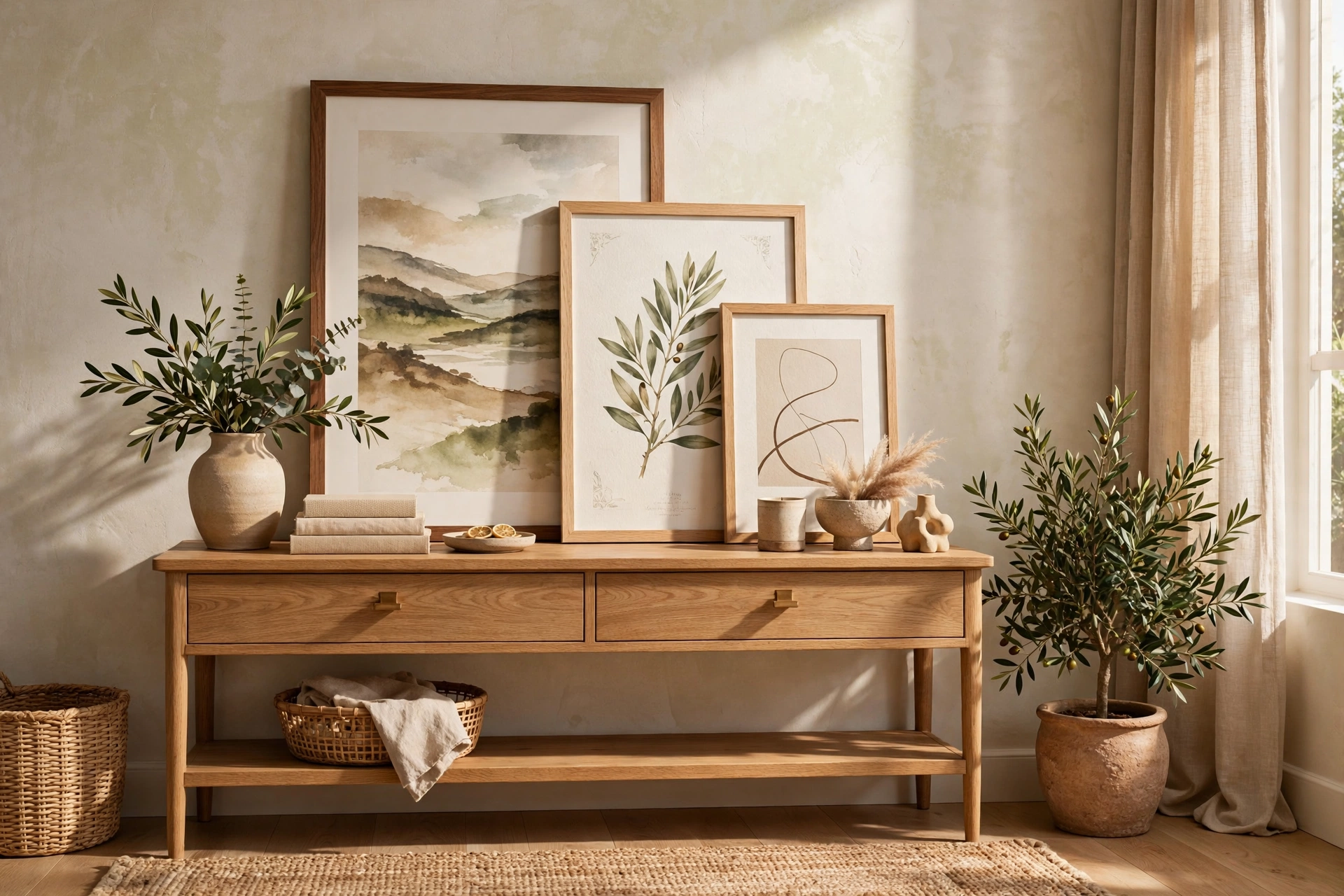 Layered Framed Artwork Styled On A Console Table