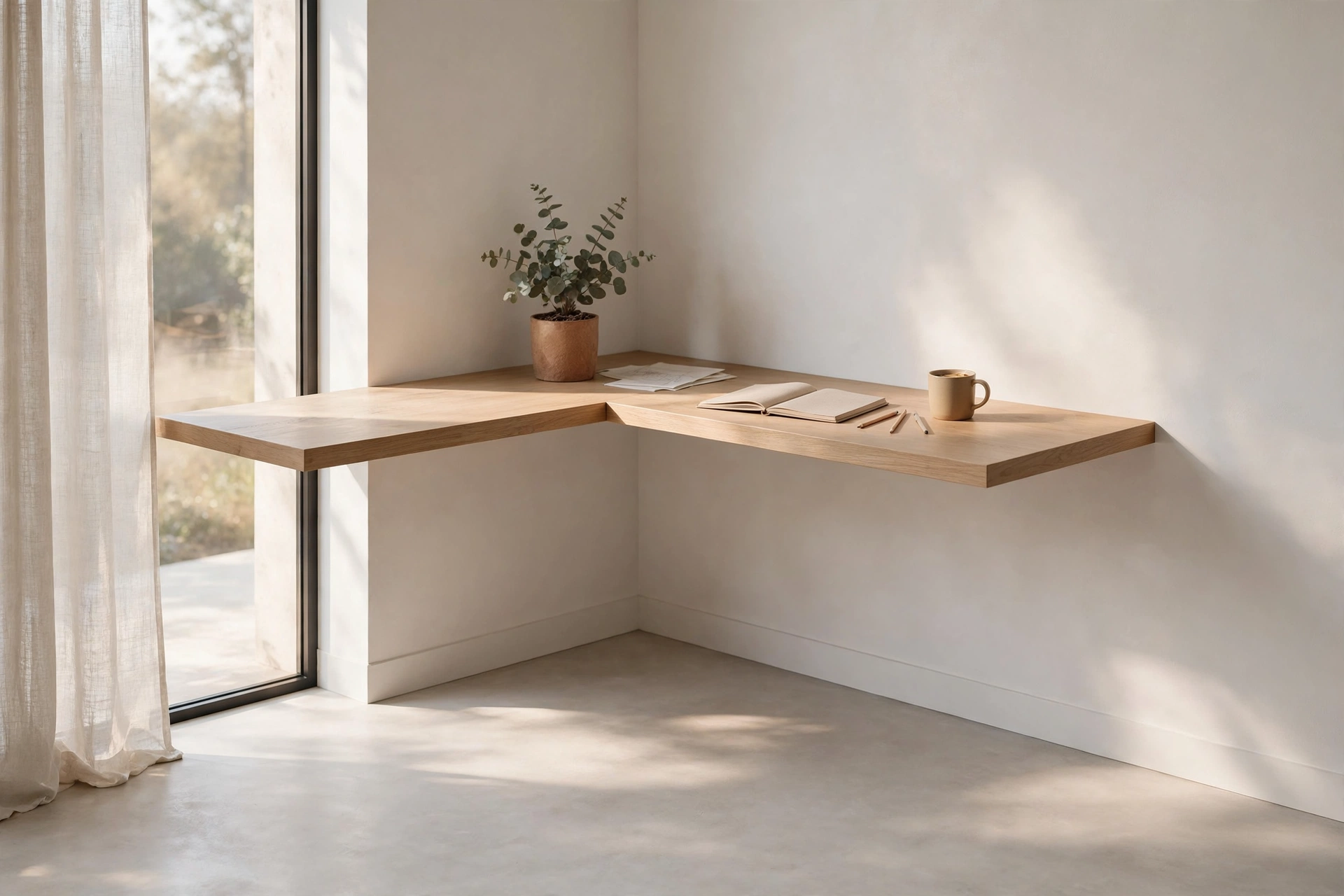 Floating Corner Desk With Open Floor Space Below In A Minimal Room