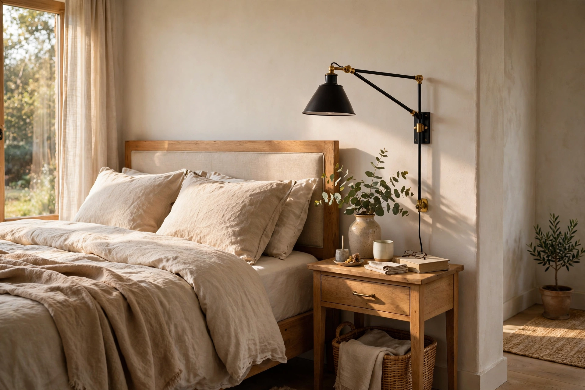 Swing Arm Wall Lamp Mounted Beside Bed
