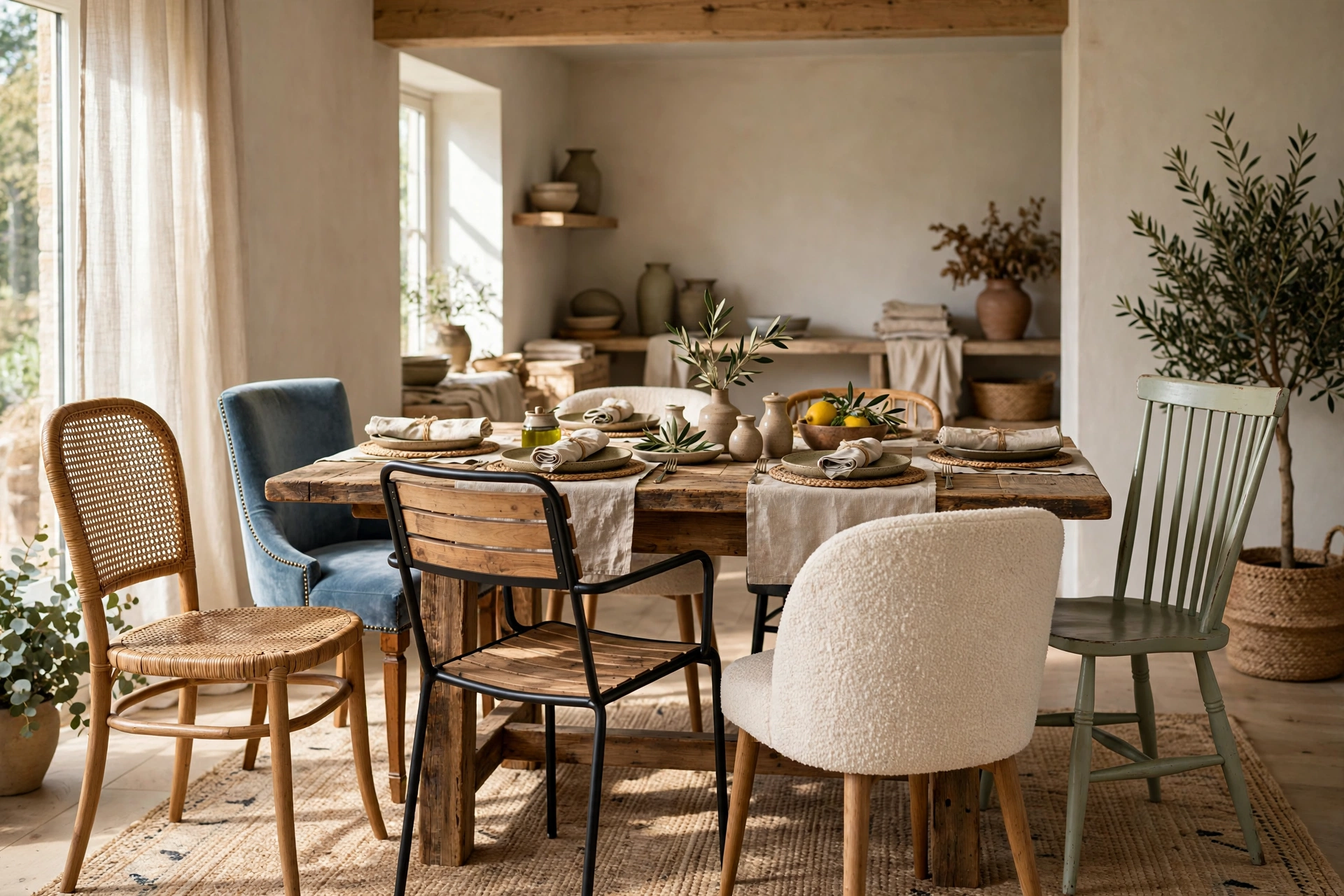 Mix and Match Dining Chairs Around a Rustic Wood Table