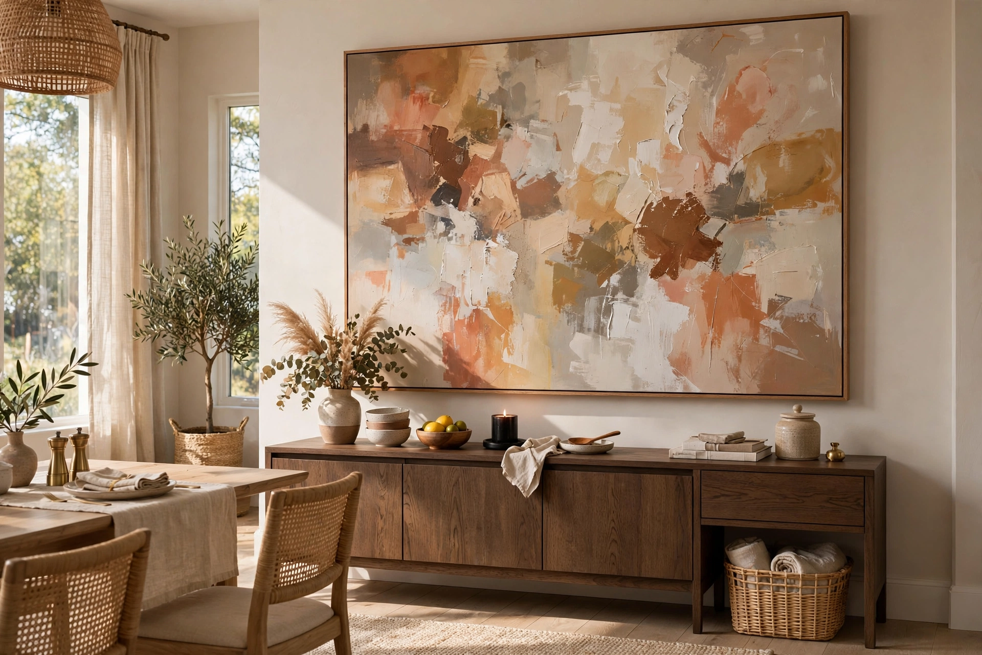 Oversized Abstract Canvas Hanging Above a Dining Room Sideboard