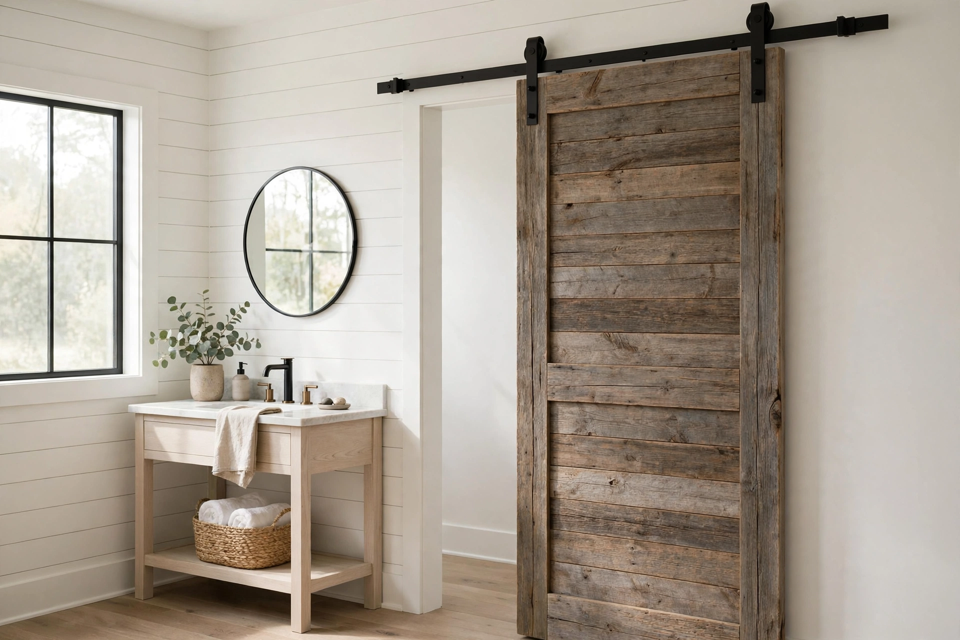 Sliding reclaimed-wood barn door on black metal track in a farmhouse bathroom