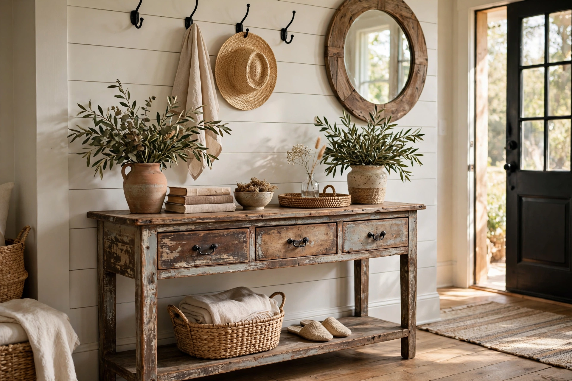 Distressed Wood Console Table in a Farmhouse Entryway