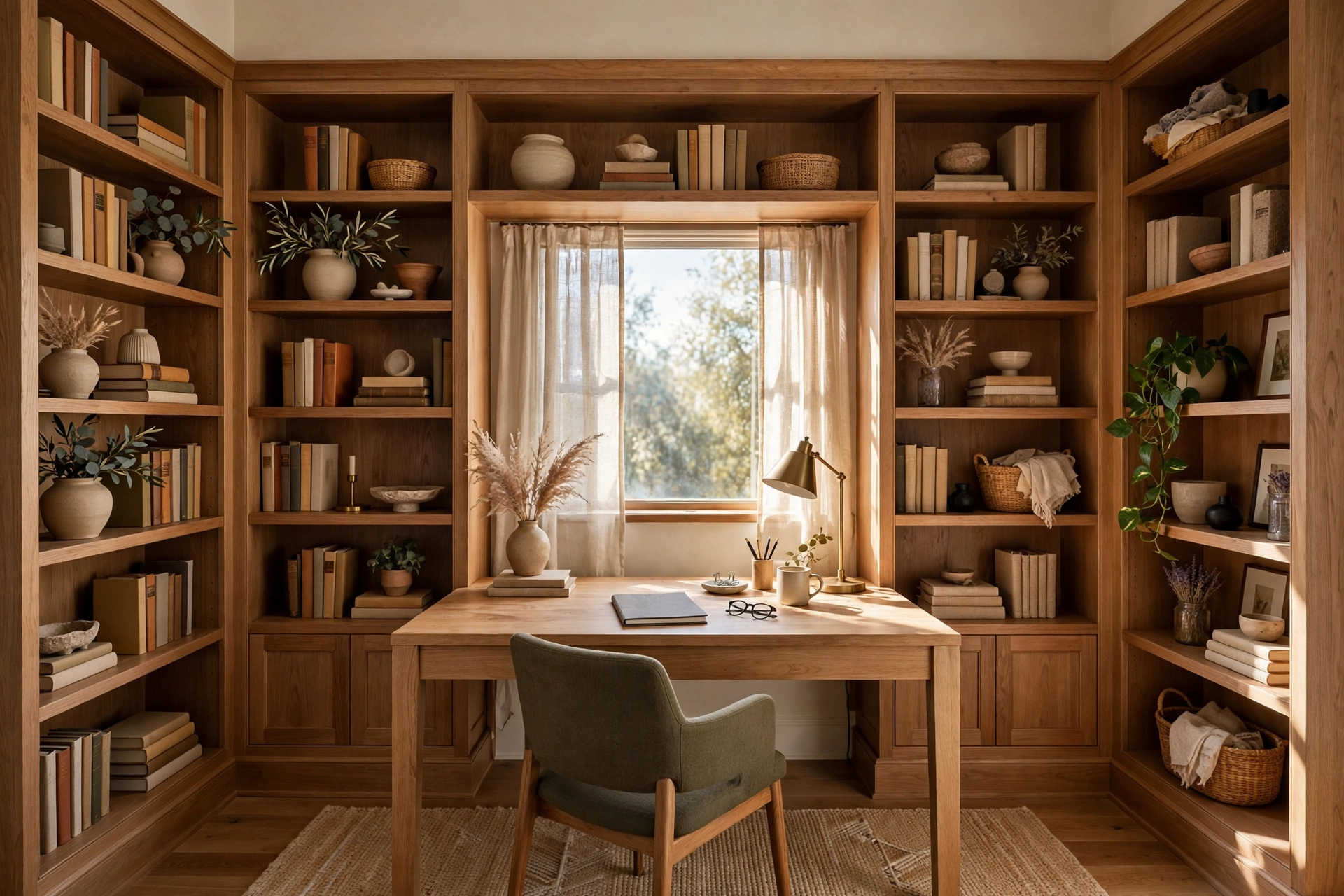 Floor-To-Ceiling Built-In Shelves Framing A Home Office Desk