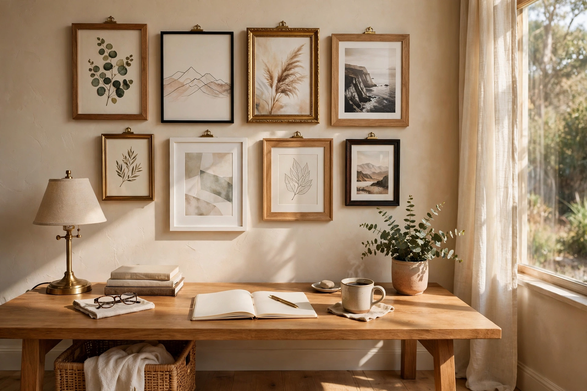 Home Office Gallery Wall Above Desk With Mixed Frames