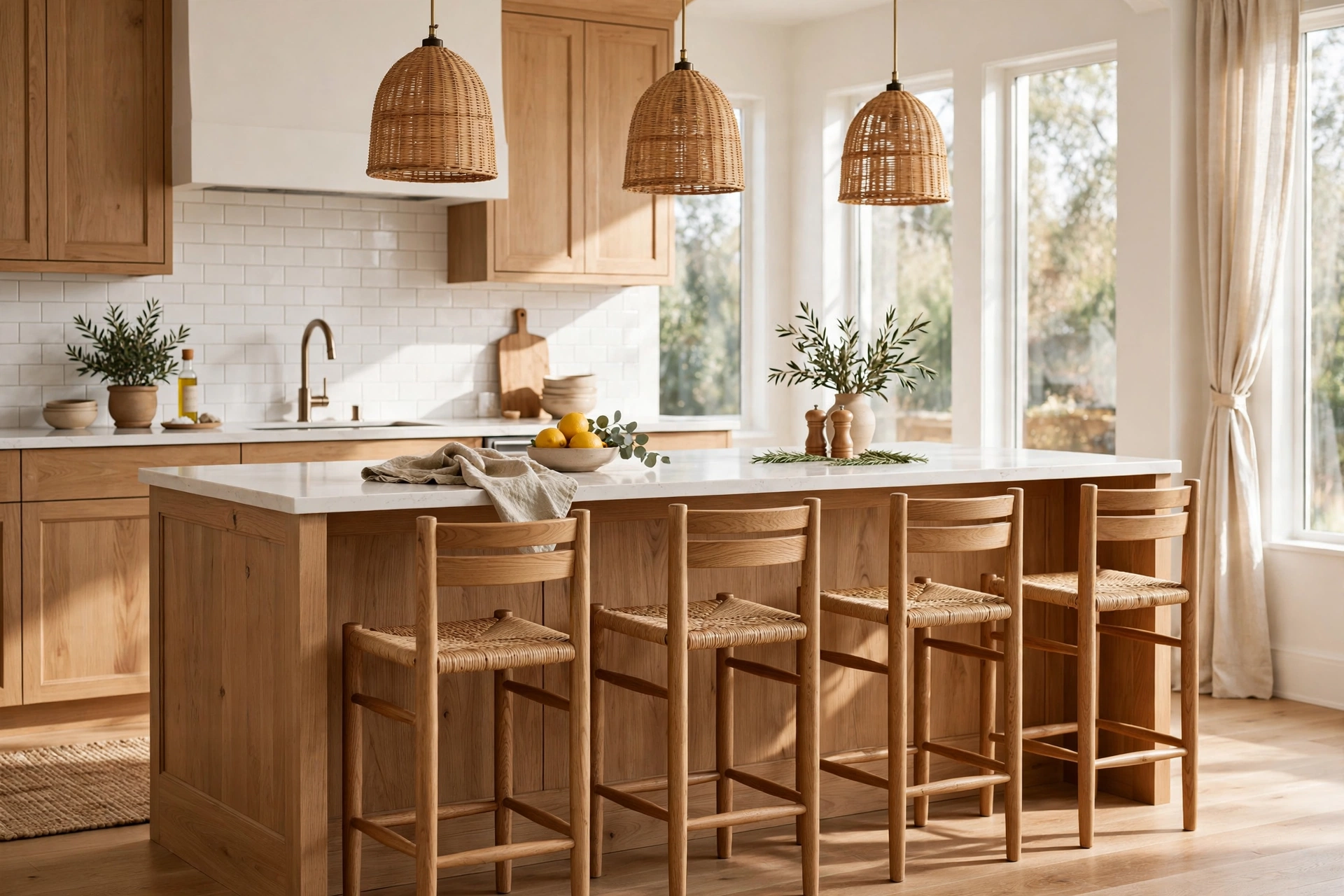 Kitchen Island With Counter Height Stools In Natural Wood